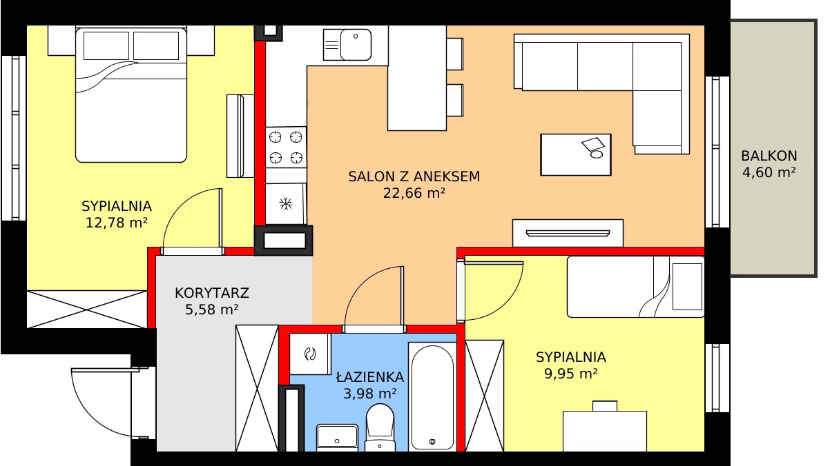 Zalety mieszkania 56.89 m², 61B
