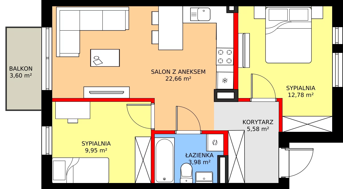 3 pokoje, mieszkanie 56,89 m², piętro 1, oferta nr 2B, Osiedle Młodych, Janczewice, ul. Jedności