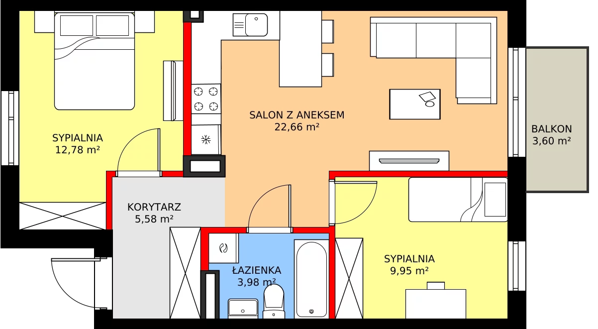 Zalety mieszkania 56.89 m², 49B