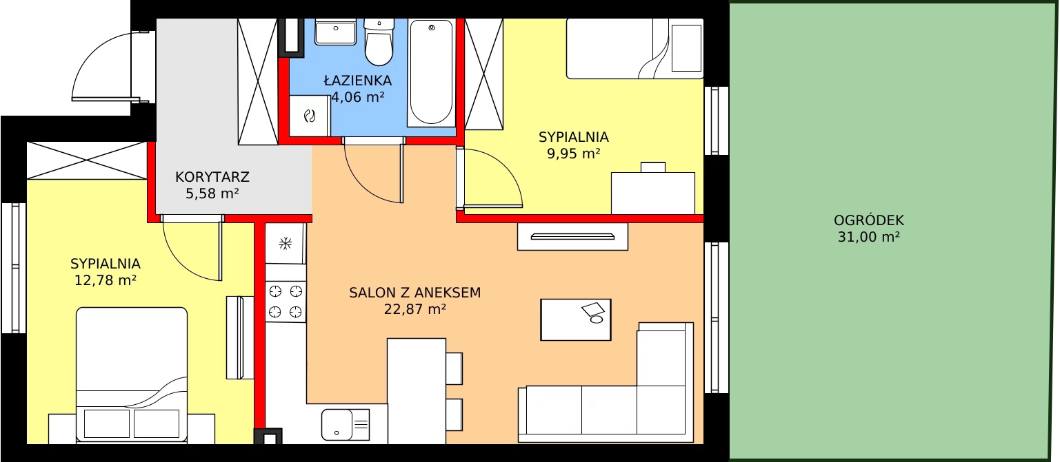 Zalety mieszkania 57.39 m², 62A