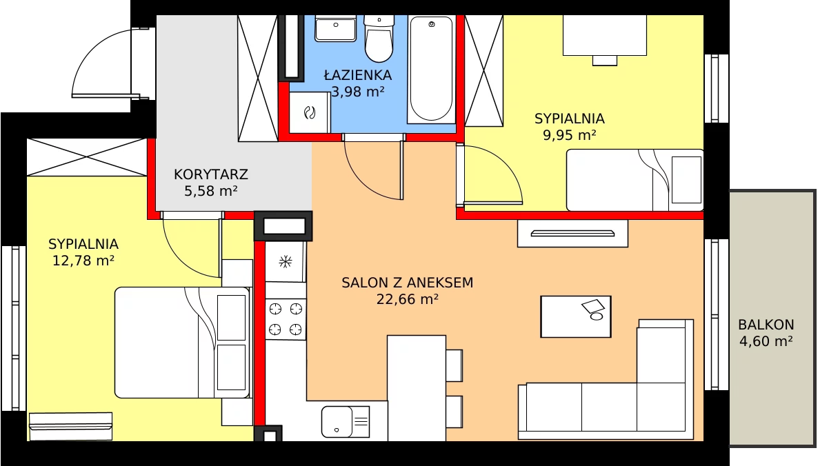 Zalety mieszkania 56.89 m², 54B