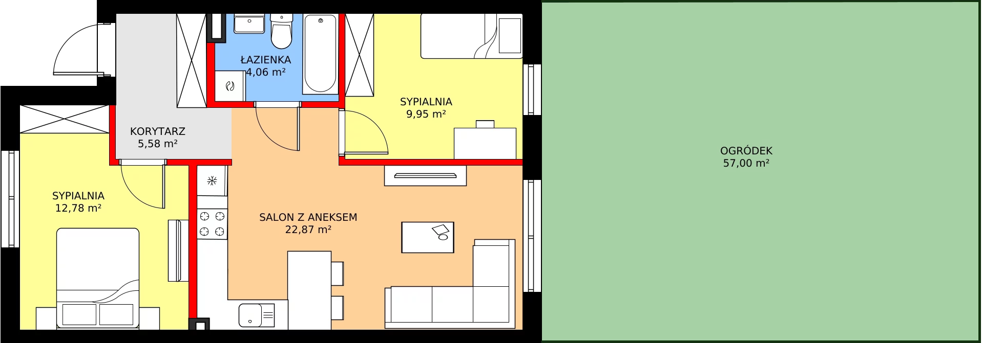 Zalety mieszkania 57.39 m², 48A