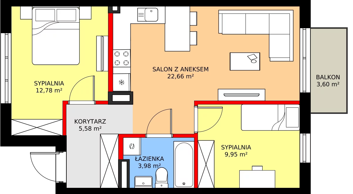 Zalety mieszkania 56.89 m², 65B