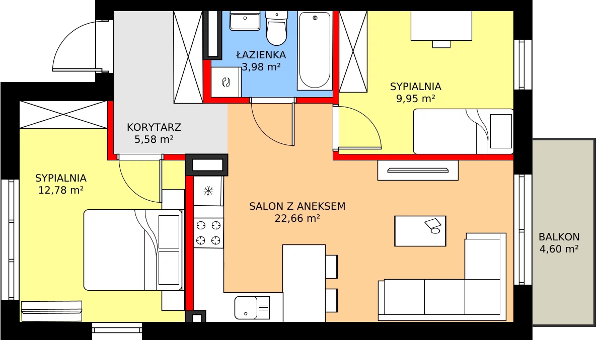 Zalety mieszkania 56.89 m², 68B