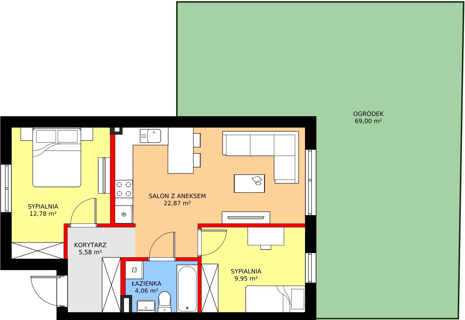 Zalety mieszkania 57.39 m², 61A
