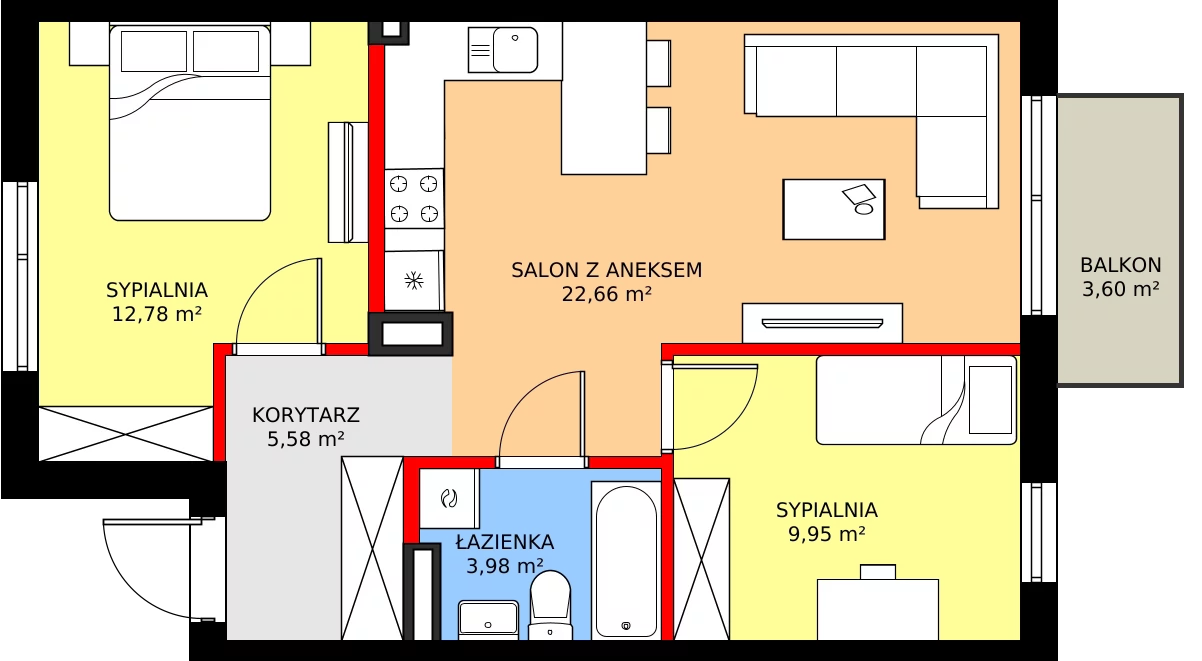 Zalety mieszkania 56.89 m², 91B
