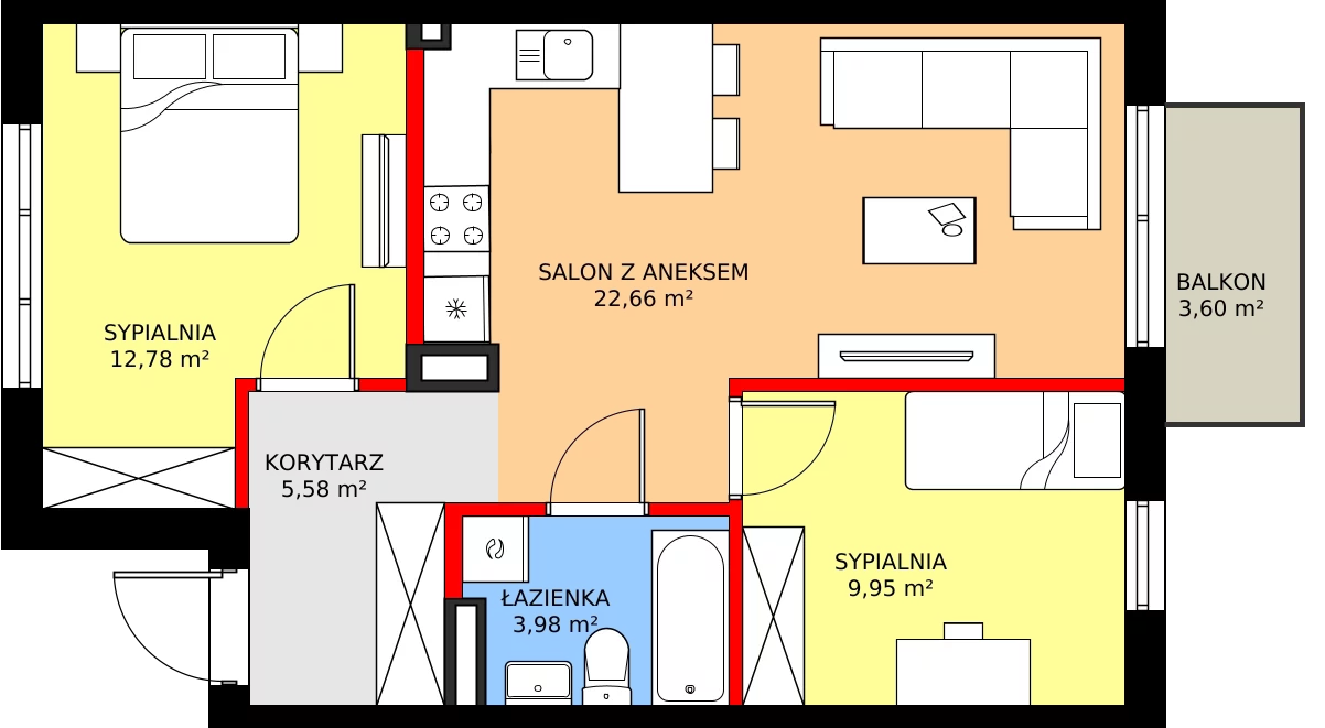 Zalety mieszkania 56.89 m², 74B