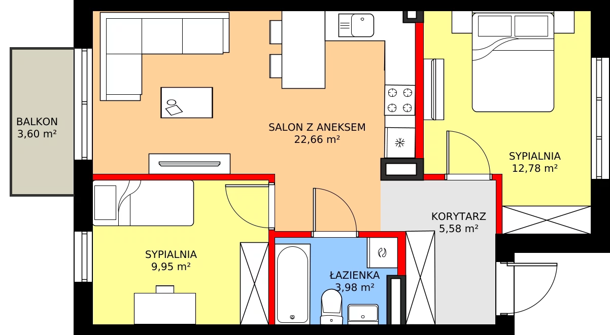 Zalety mieszkania 56.89 m², 77B