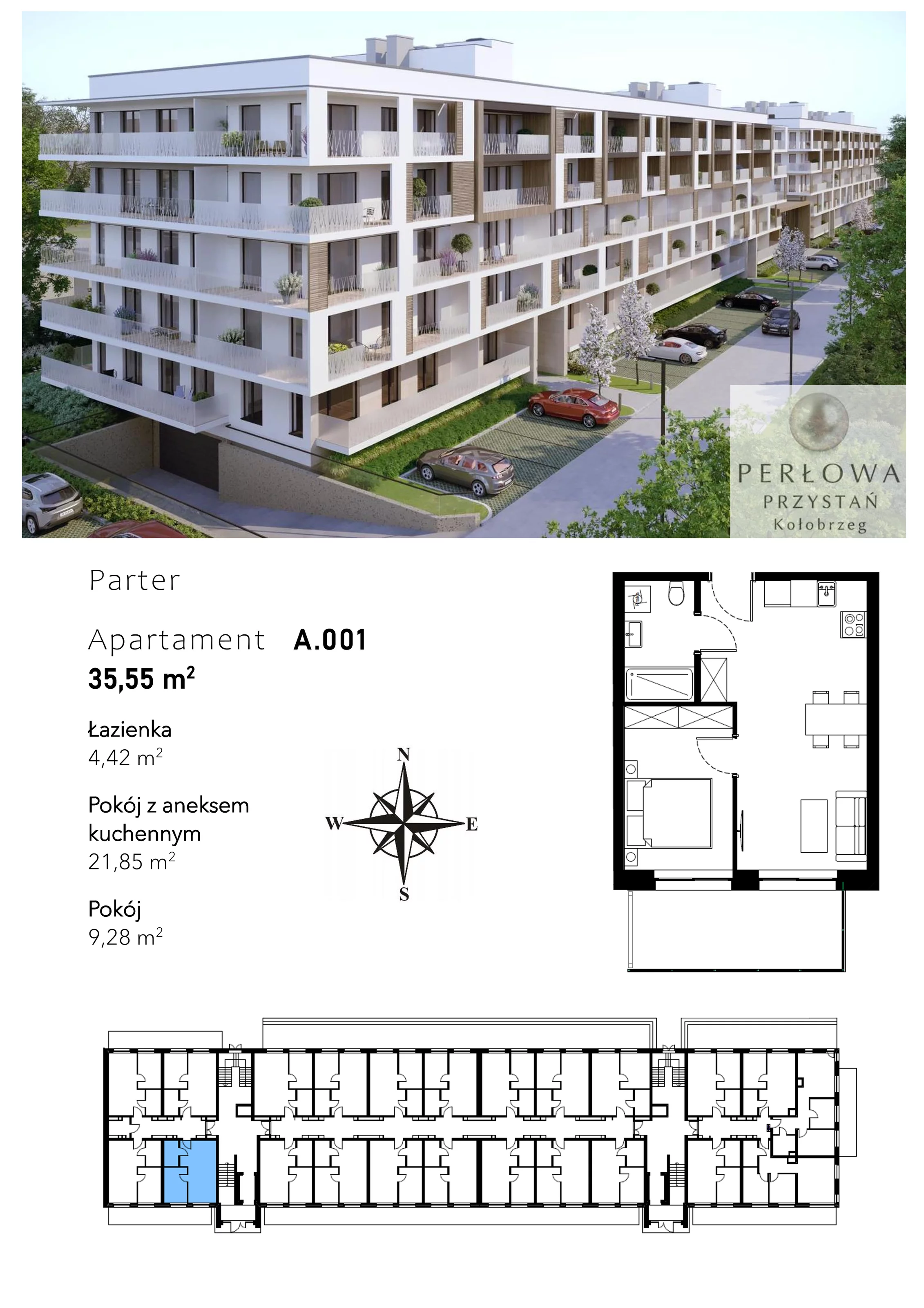 2 pokoje, apartament 35,55 m², parter, oferta nr A.001, Perłowa Przystań Kołobrzeg Etap 2, Kołobrzeg, Osiedle Nr 7 Ogrody, Strefa Uzdrowiska, ul. Kołłątaja