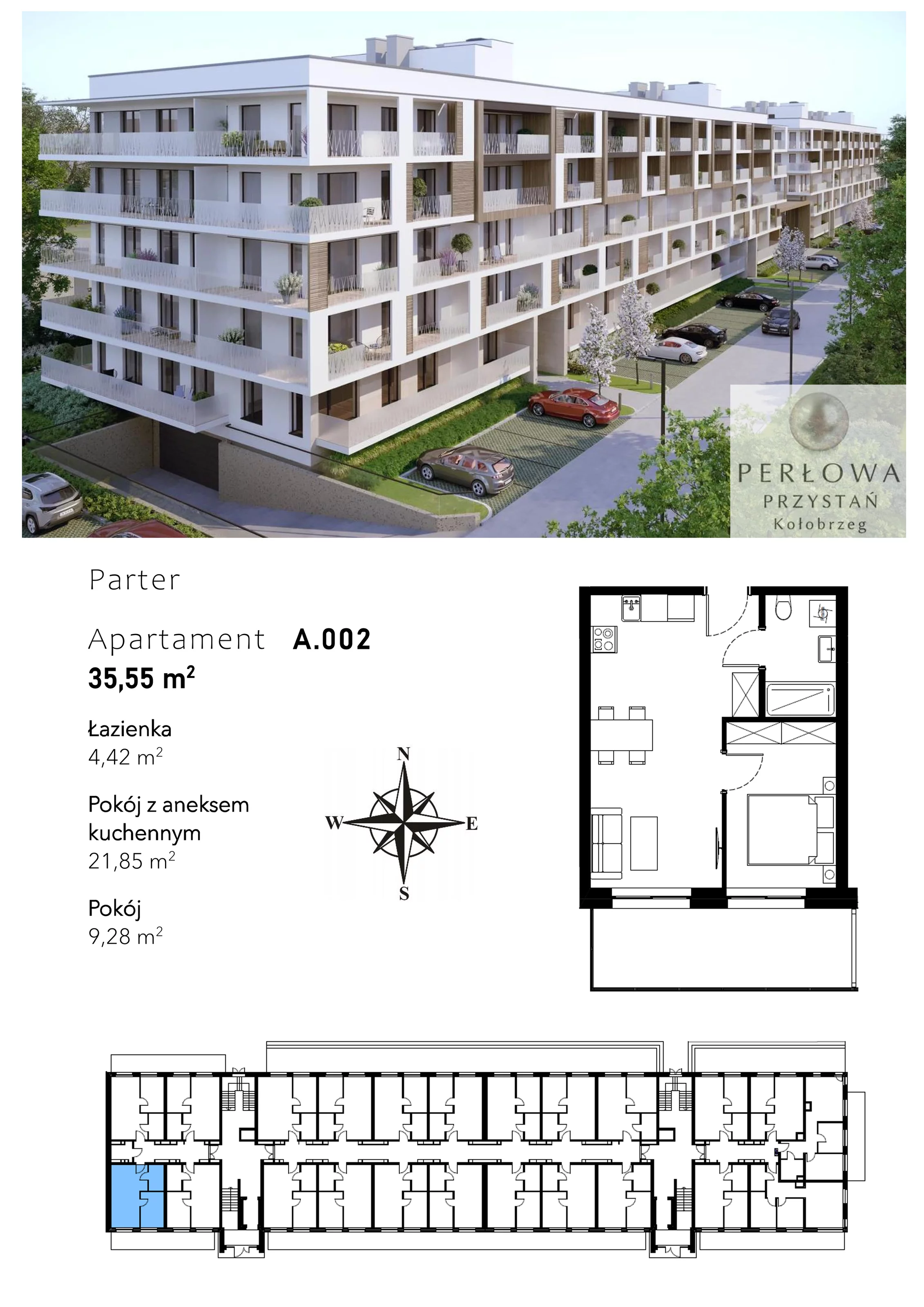 2 pokoje, apartament 35,55 m², parter, oferta nr A.002, Perłowa Przystań Kołobrzeg Etap 2, Kołobrzeg, Osiedle Nr 7 Ogrody, Strefa Uzdrowiska, ul. Kołłątaja