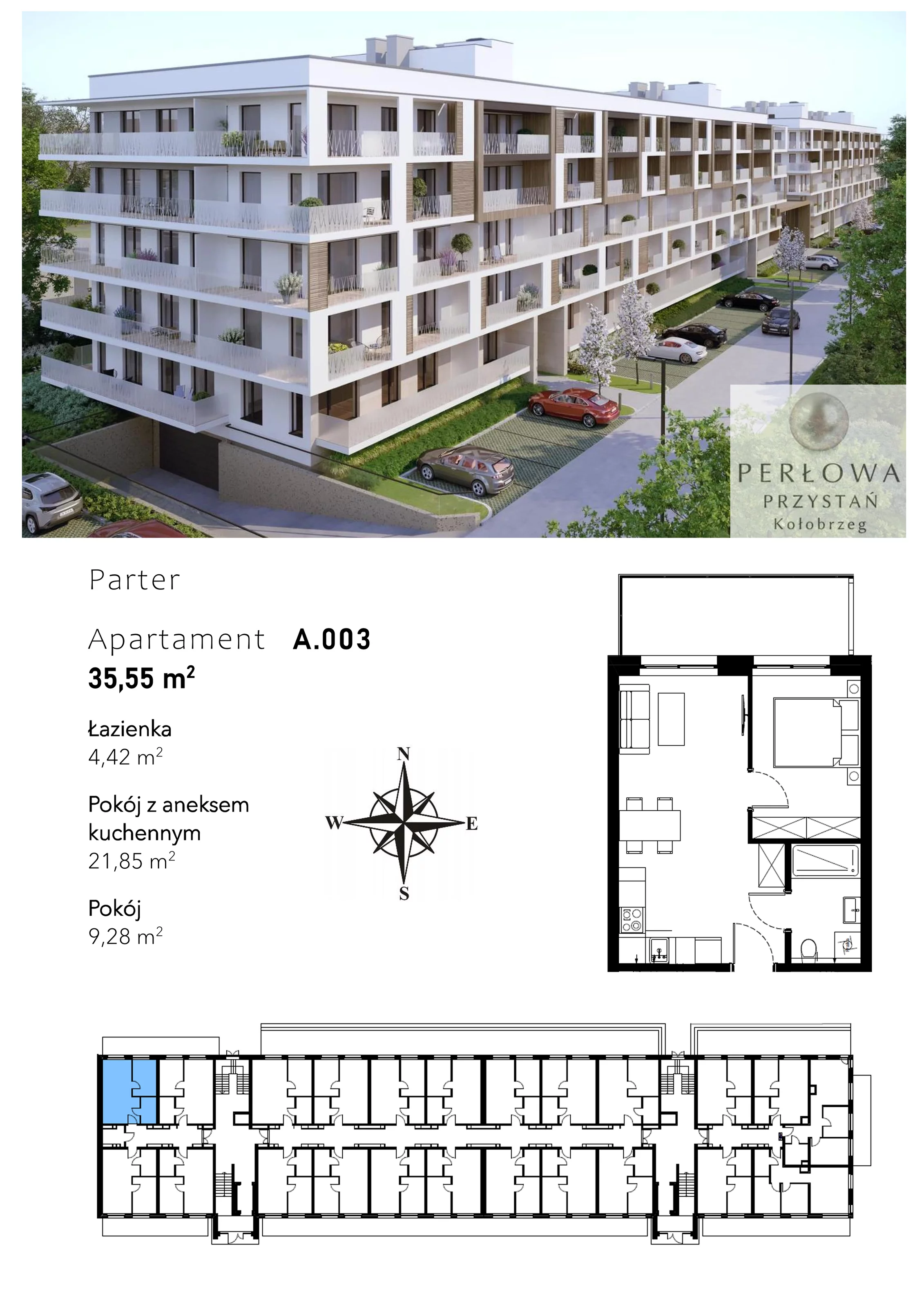 2 pokoje, apartament 35,55 m², parter, oferta nr A.003, Perłowa Przystań Kołobrzeg Etap 2, Kołobrzeg, Osiedle Nr 7 Ogrody, Strefa Uzdrowiska, ul. Kołłątaja