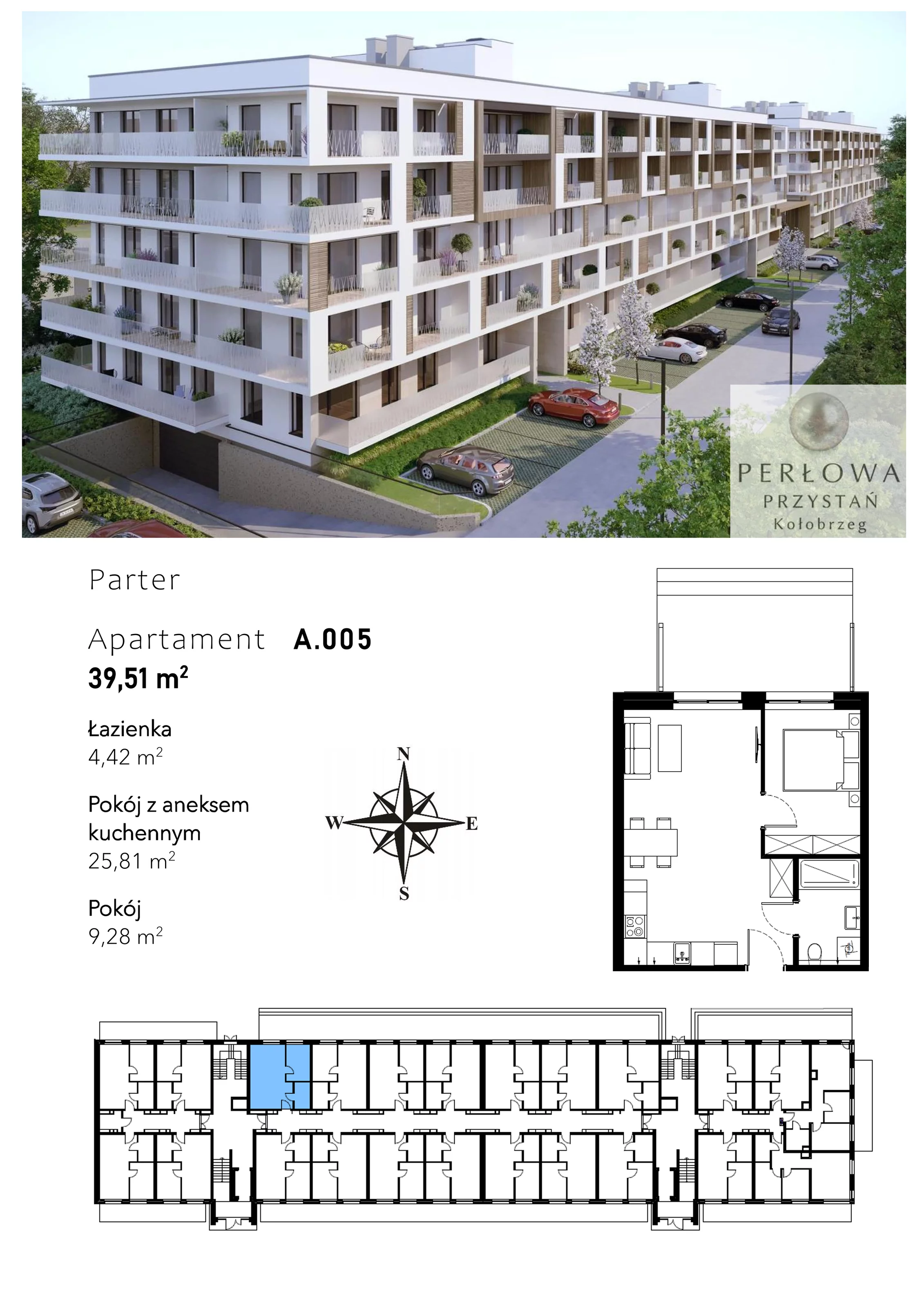 2 pokoje, mieszkanie 39,51 m², parter, oferta nr A.005, Perłowa Przystań Kołobrzeg Etap 2, Kołobrzeg, Osiedle Nr 7 Ogrody, Strefa Uzdrowiska, ul. Kołłątaja