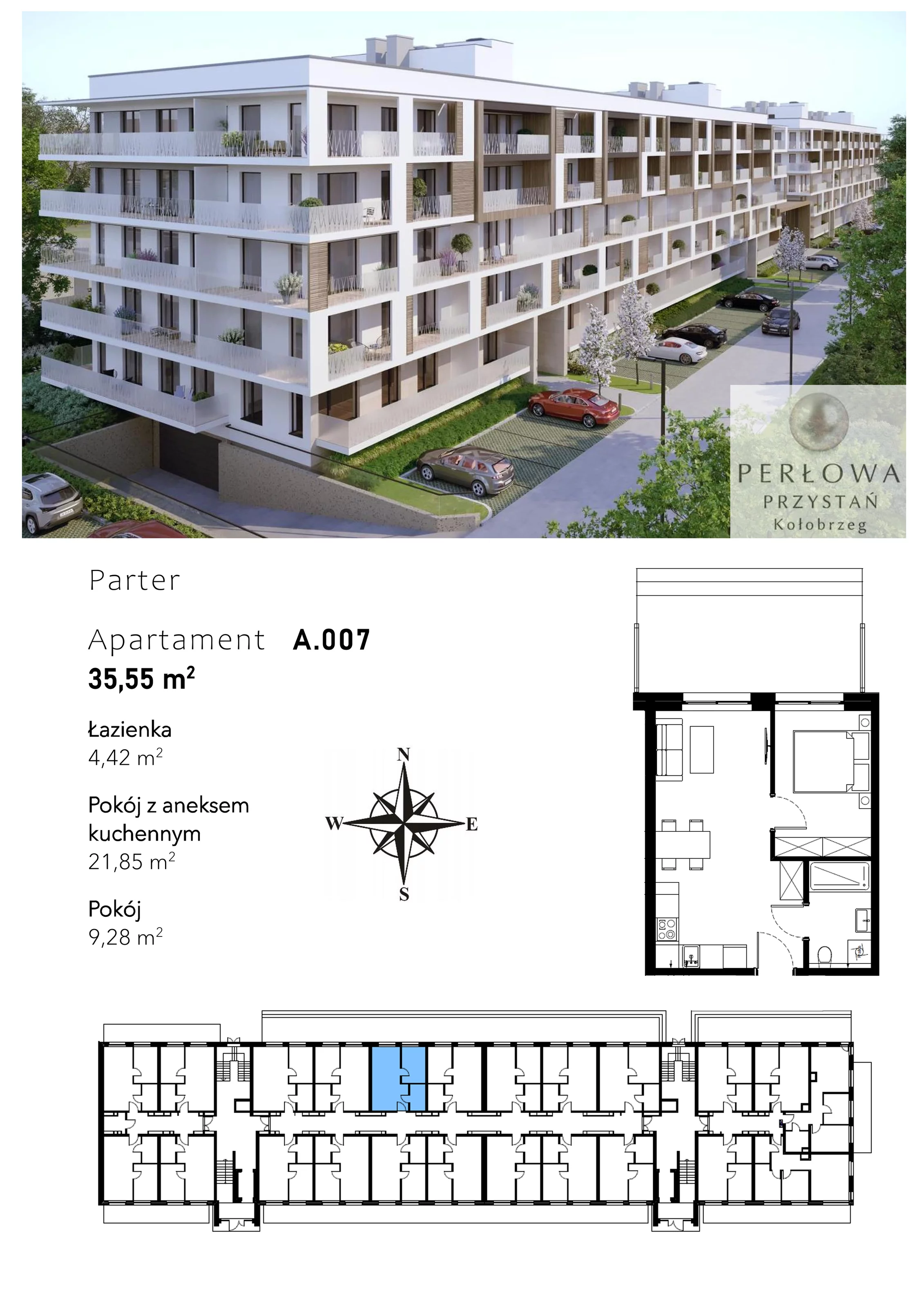 2 pokoje, mieszkanie 35,55 m², parter, oferta nr A.007, Perłowa Przystań Kołobrzeg Etap 2, Kołobrzeg, Osiedle Nr 7 Ogrody, Strefa Uzdrowiska, ul. Kołłątaja