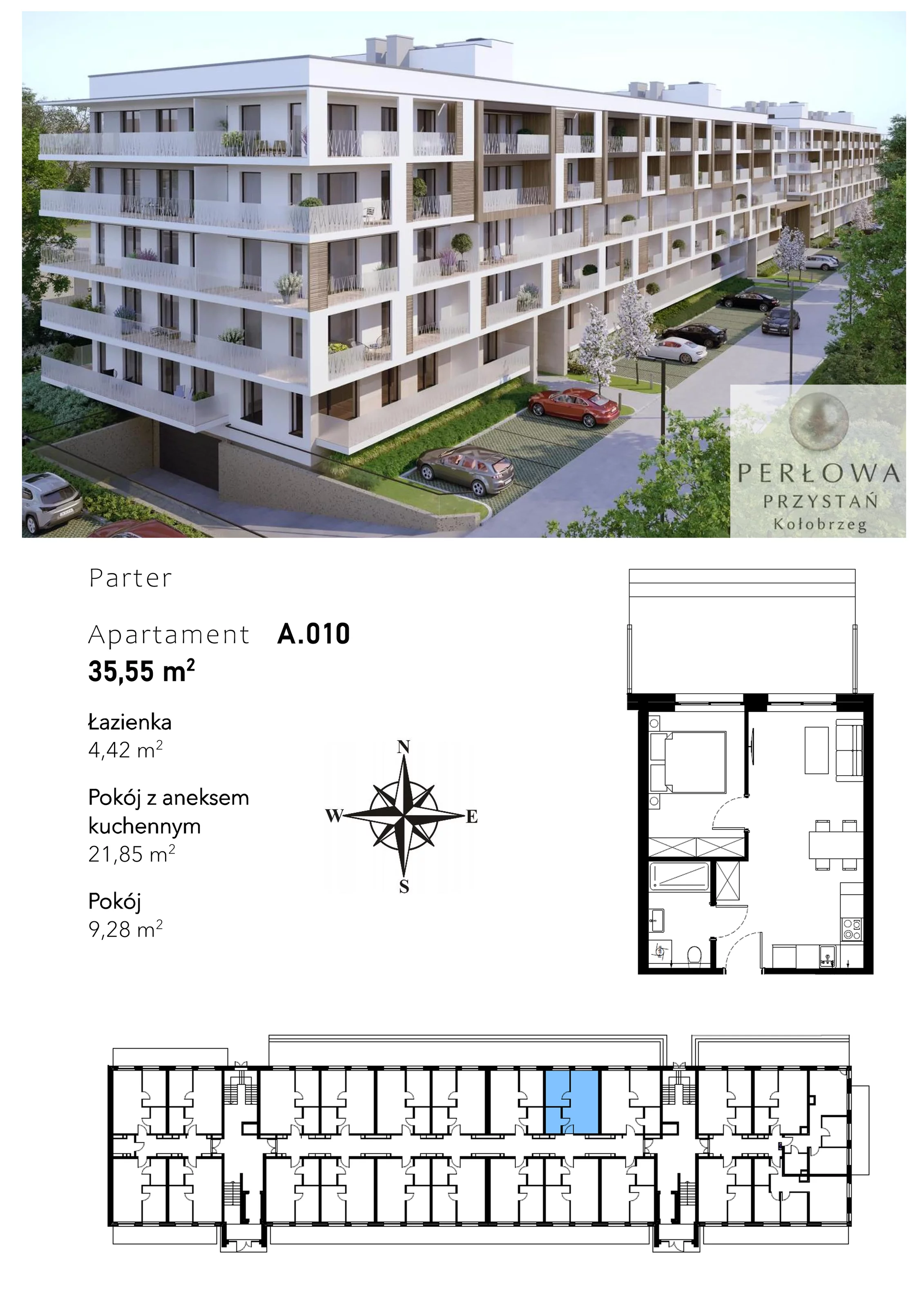 Mieszkanie 35,55 m², parter, oferta nr A.010, Perłowa Przystań Kołobrzeg Etap 2, Kołobrzeg, Osiedle Nr 7 Ogrody, Strefa Uzdrowiska, ul. Kołłątaja