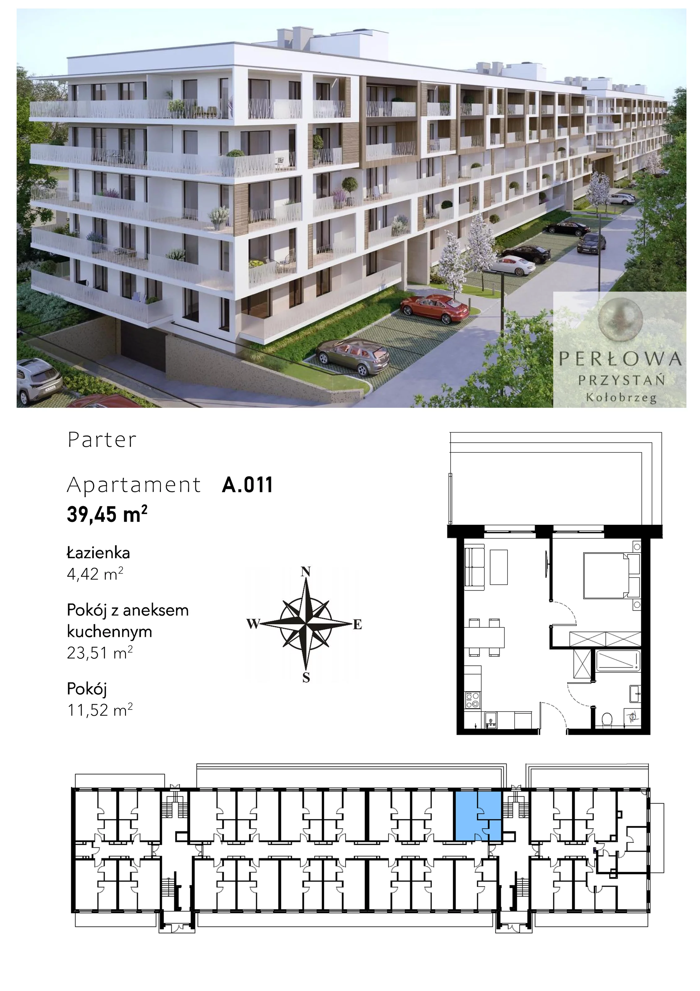 2 pokoje, mieszkanie 39,45 m², parter, oferta nr A.011, Perłowa Przystań Kołobrzeg Etap 2, Kołobrzeg, Osiedle Nr 7 Ogrody, Strefa Uzdrowiska, ul. Kołłątaja