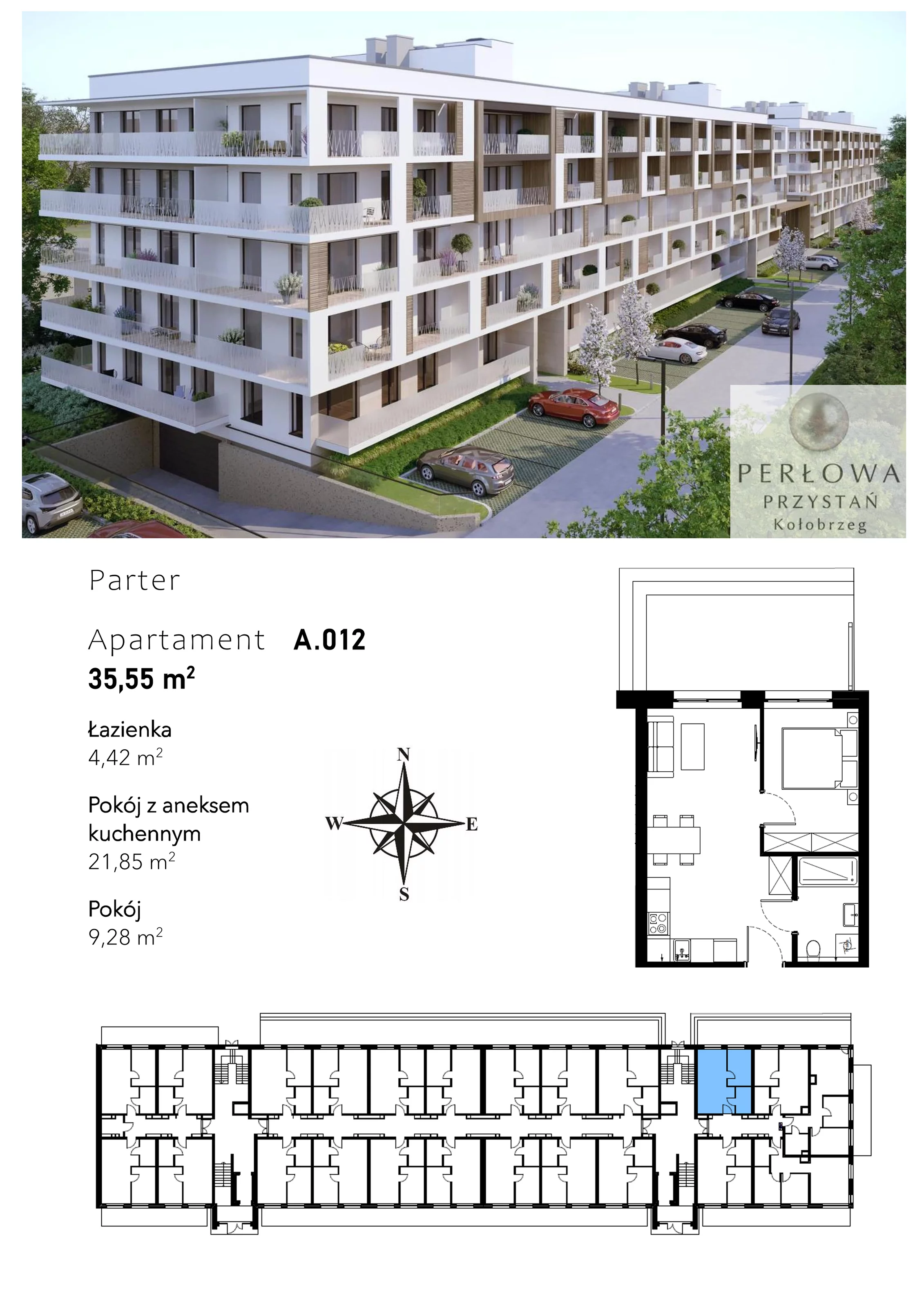 2 pokoje, mieszkanie 35,55 m², parter, oferta nr A.012, Perłowa Przystań Kołobrzeg Etap 2, Kołobrzeg, Osiedle Nr 7 Ogrody, Strefa Uzdrowiska, ul. Kołłątaja