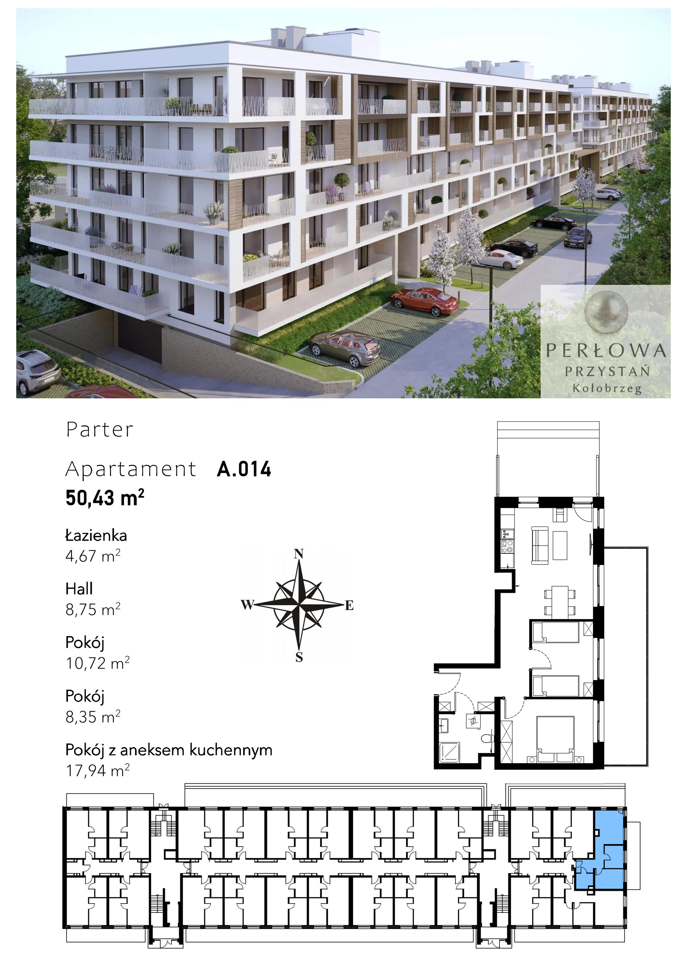 3 pokoje, mieszkanie 50,43 m², parter, oferta nr A.014, Perłowa Przystań Kołobrzeg Etap 2, Kołobrzeg, Osiedle Nr 7 Ogrody, Strefa Uzdrowiska, ul. Kołłątaja
