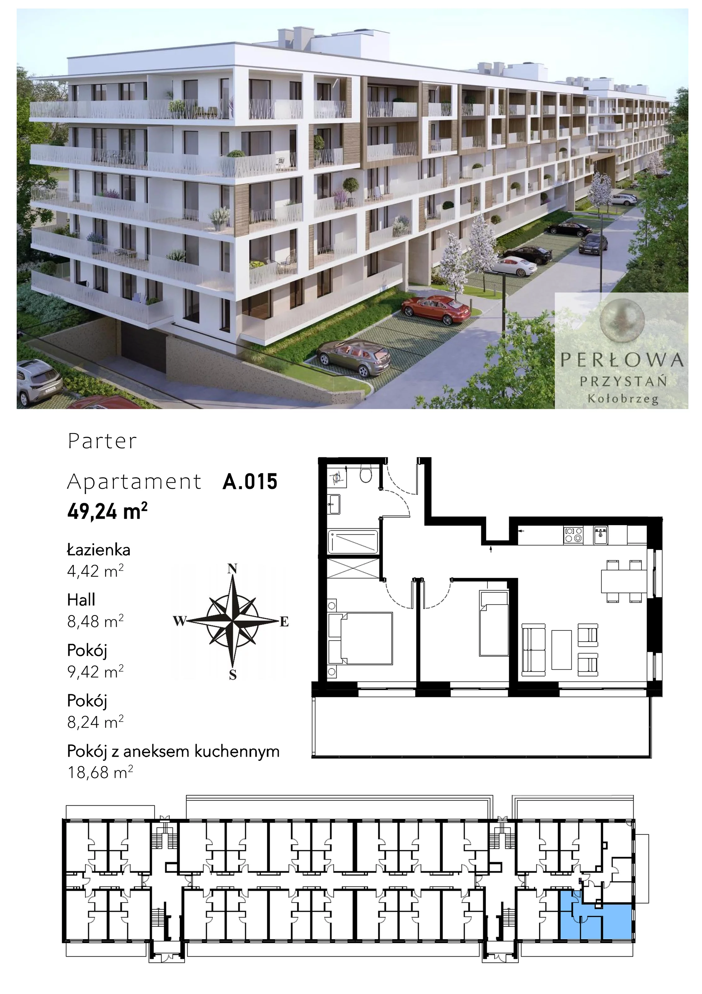 3 pokoje, apartament 49,24 m², parter, oferta nr A.015, Perłowa Przystań Kołobrzeg Etap 2, Kołobrzeg, Osiedle Nr 7 Ogrody, Strefa Uzdrowiska, ul. Kołłątaja
