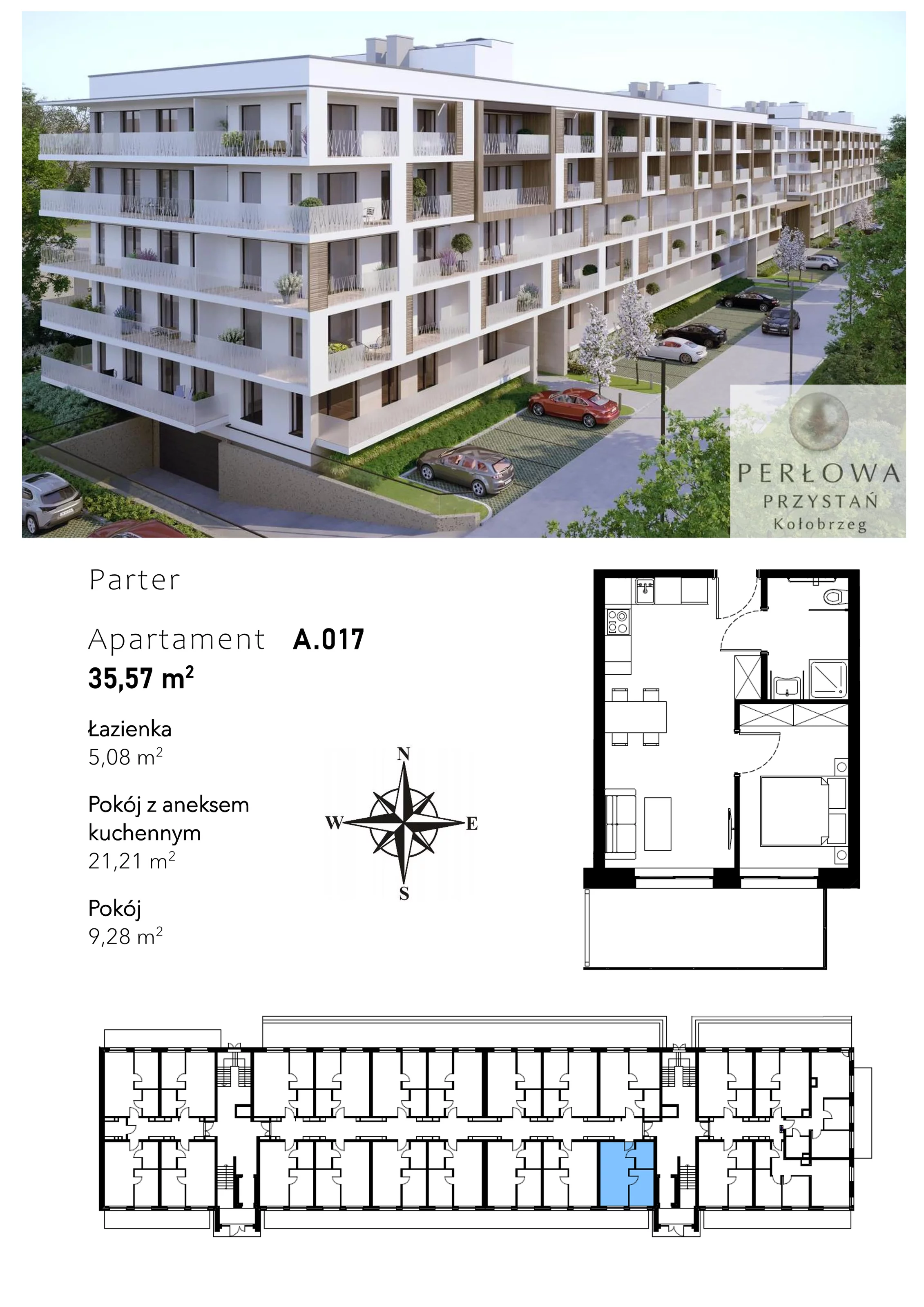 2 pokoje, mieszkanie 35,57 m², parter, oferta nr A.017, Perłowa Przystań Kołobrzeg Etap 2, Kołobrzeg, Osiedle Nr 7 Ogrody, Strefa Uzdrowiska, ul. Kołłątaja