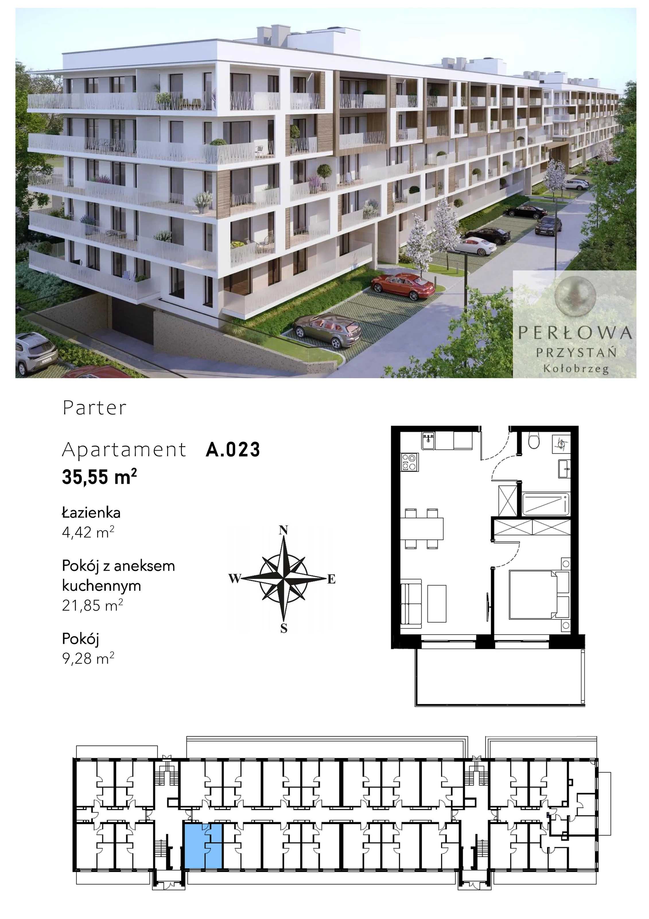 Mieszkanie 35,55 m², parter, oferta nr A.023, Perłowa Przystań Kołobrzeg Etap 2, Kołobrzeg, Osiedle Nr 7 Ogrody, Strefa Uzdrowiska, ul. Kołłątaja