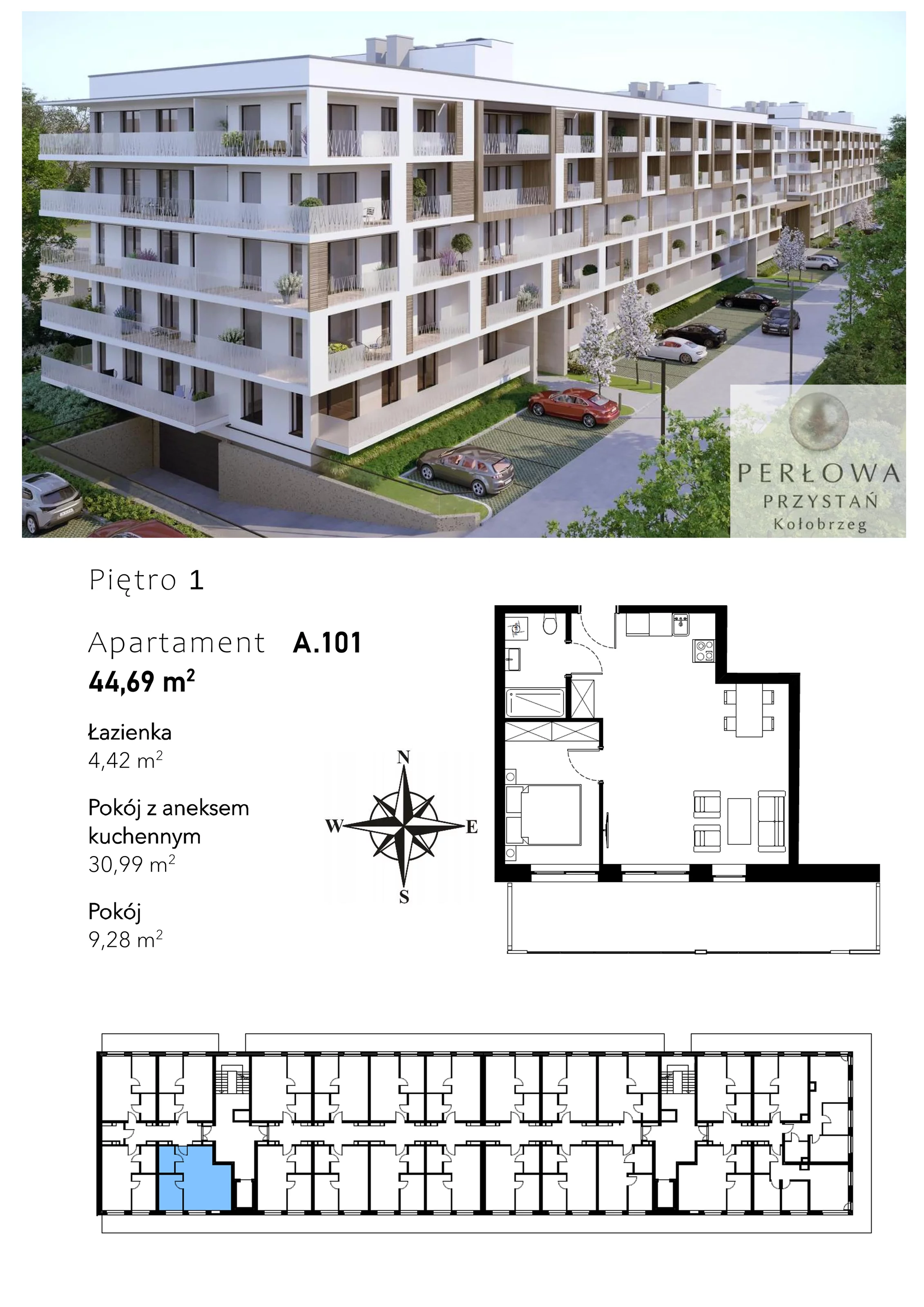 2 pokoje, mieszkanie 44,69 m², piętro 1, oferta nr A.101, Perłowa Przystań Kołobrzeg Etap 2, Kołobrzeg, Osiedle Nr 7 Ogrody, Strefa Uzdrowiska, ul. Kołłątaja