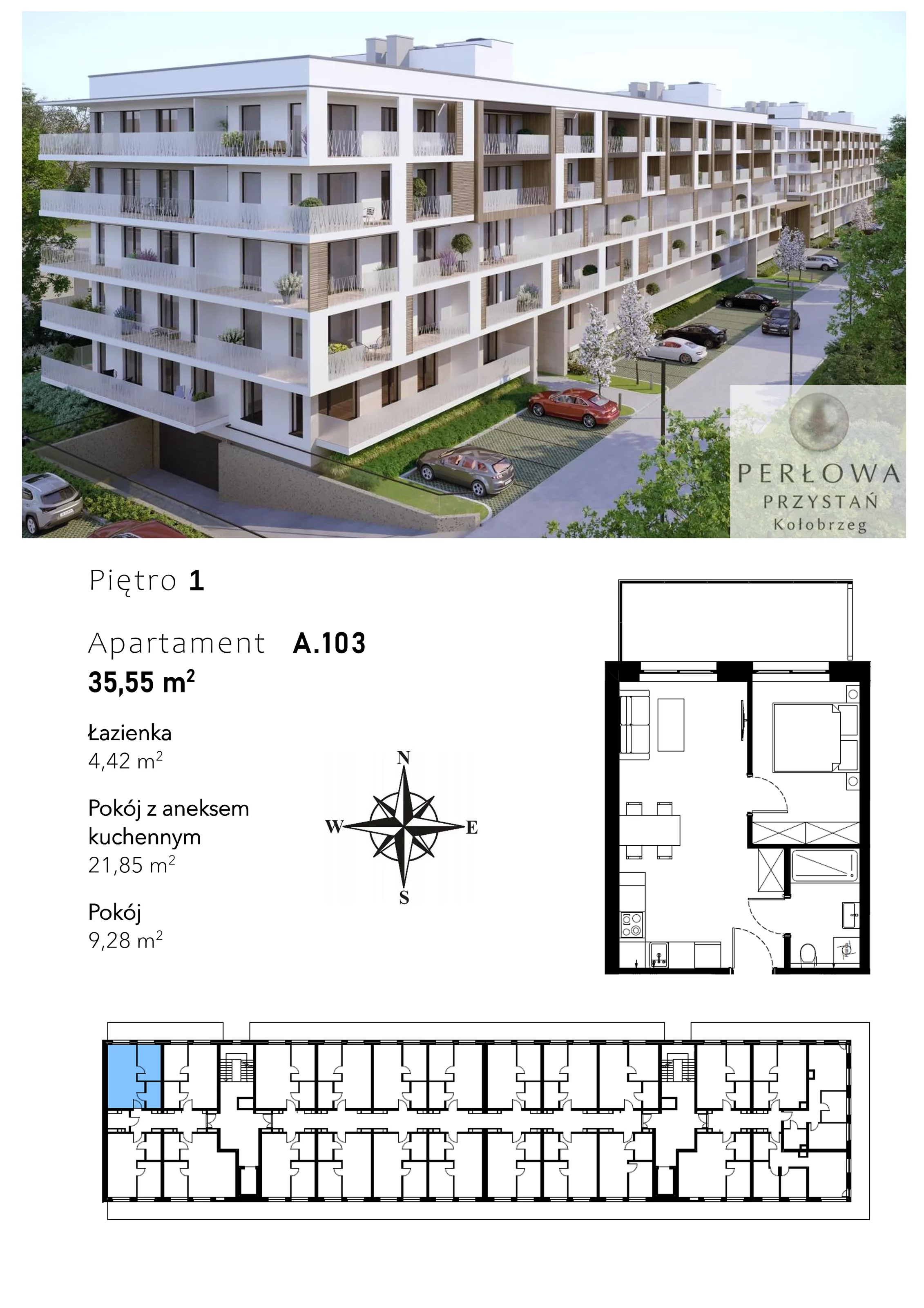 Mieszkanie 35,55 m², piętro 1, oferta nr A.103, Perłowa Przystań Kołobrzeg Etap 2, Kołobrzeg, Osiedle Nr 7 Ogrody, Strefa Uzdrowiska, ul. Kołłątaja