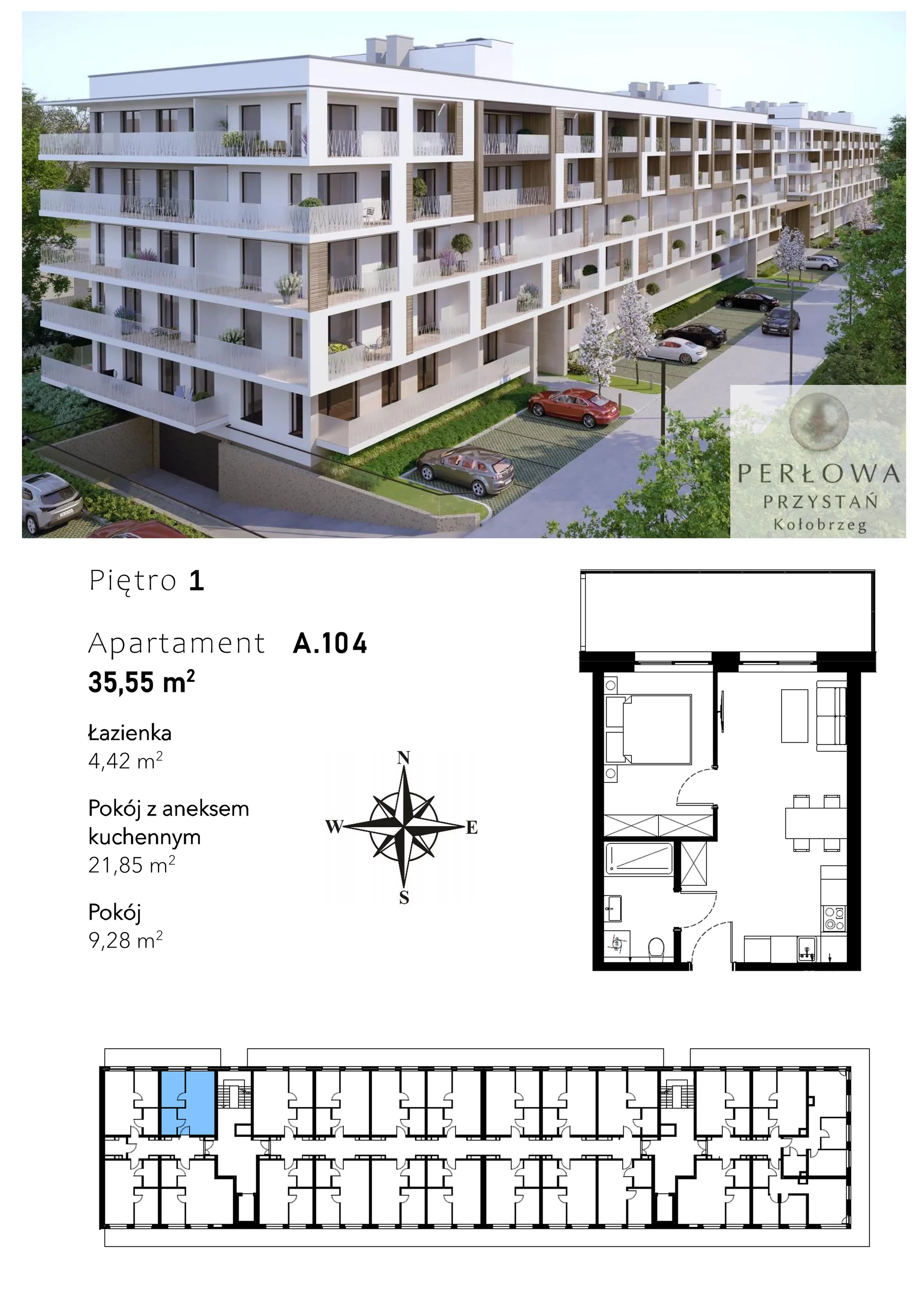 Mieszkanie 35,55 m², piętro 1, oferta nr A.104, Perłowa Przystań Kołobrzeg Etap 2, Kołobrzeg, Osiedle Nr 7 Ogrody, Strefa Uzdrowiska, ul. Kołłątaja