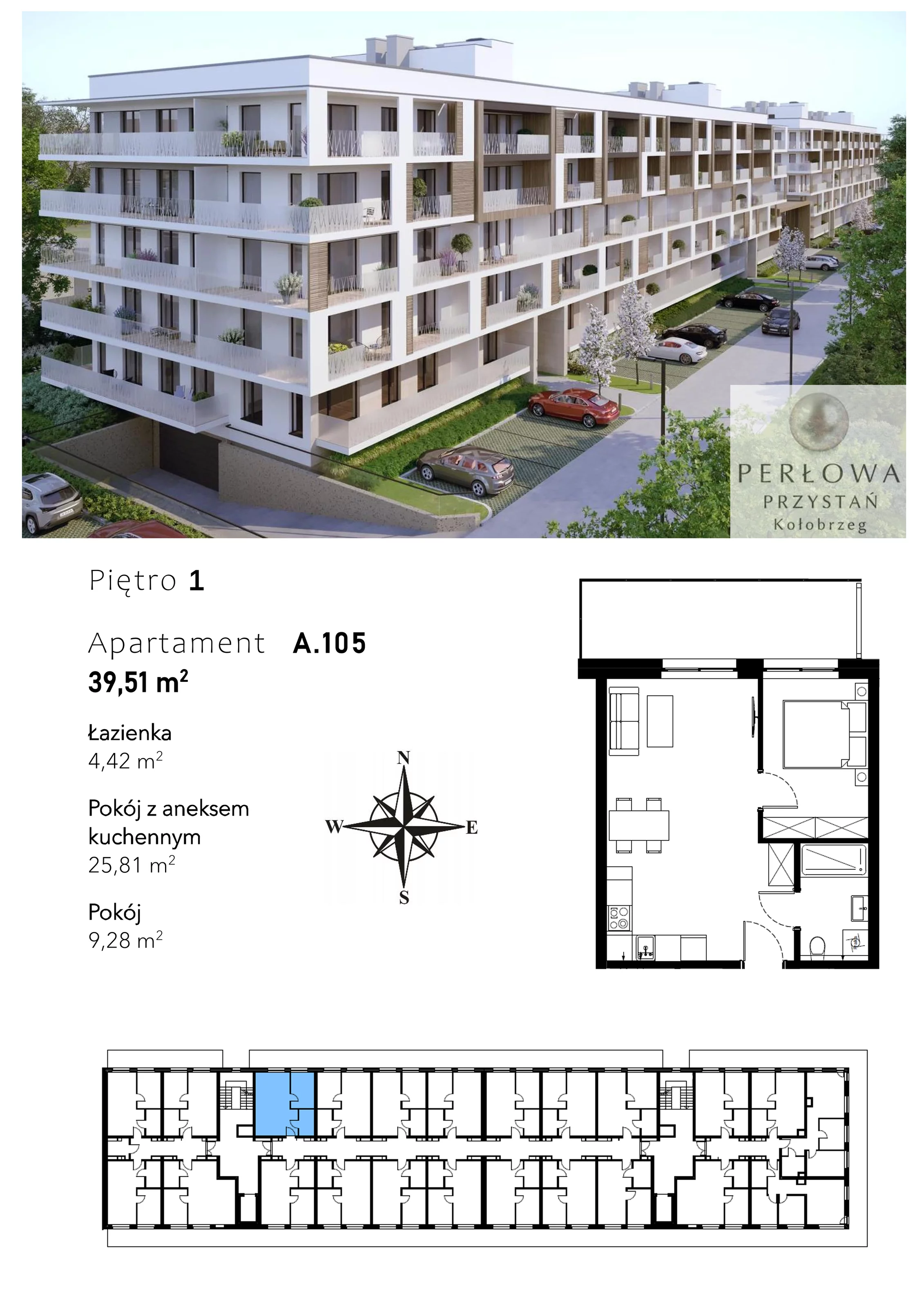 2 pokoje, mieszkanie 39,51 m², piętro 1, oferta nr A.105, Perłowa Przystań Kołobrzeg Etap 2, Kołobrzeg, Osiedle Nr 7 Ogrody, Strefa Uzdrowiska, ul. Kołłątaja