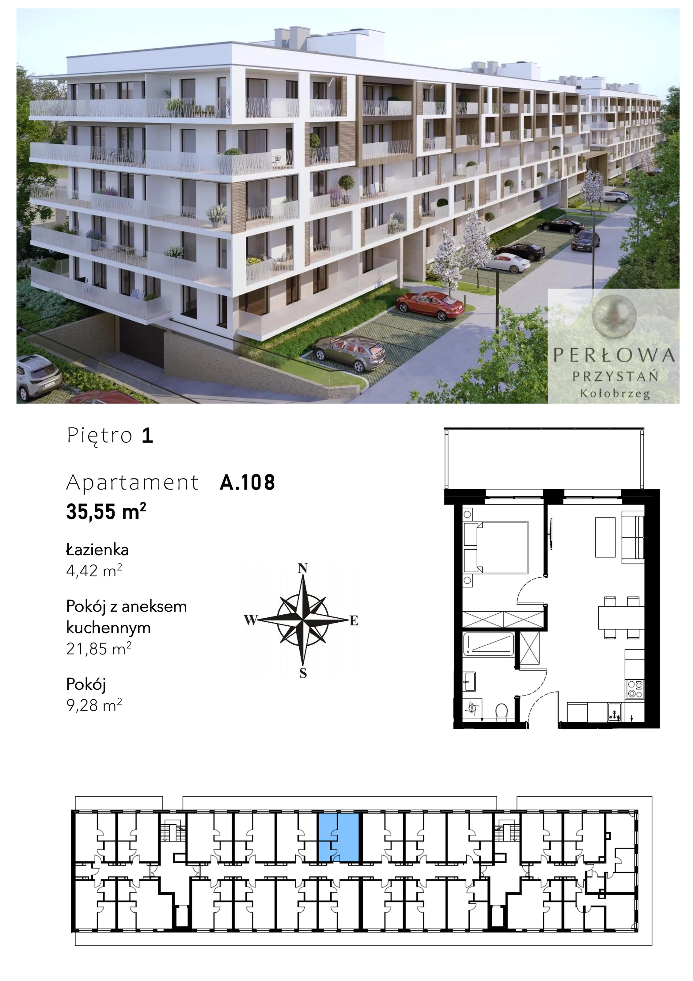 Apartament 35,55 m², piętro 1, oferta nr A.108, Perłowa Przystań Kołobrzeg Etap 2, Kołobrzeg, Osiedle Nr 7 Ogrody, Strefa Uzdrowiska, ul. Kołłątaja