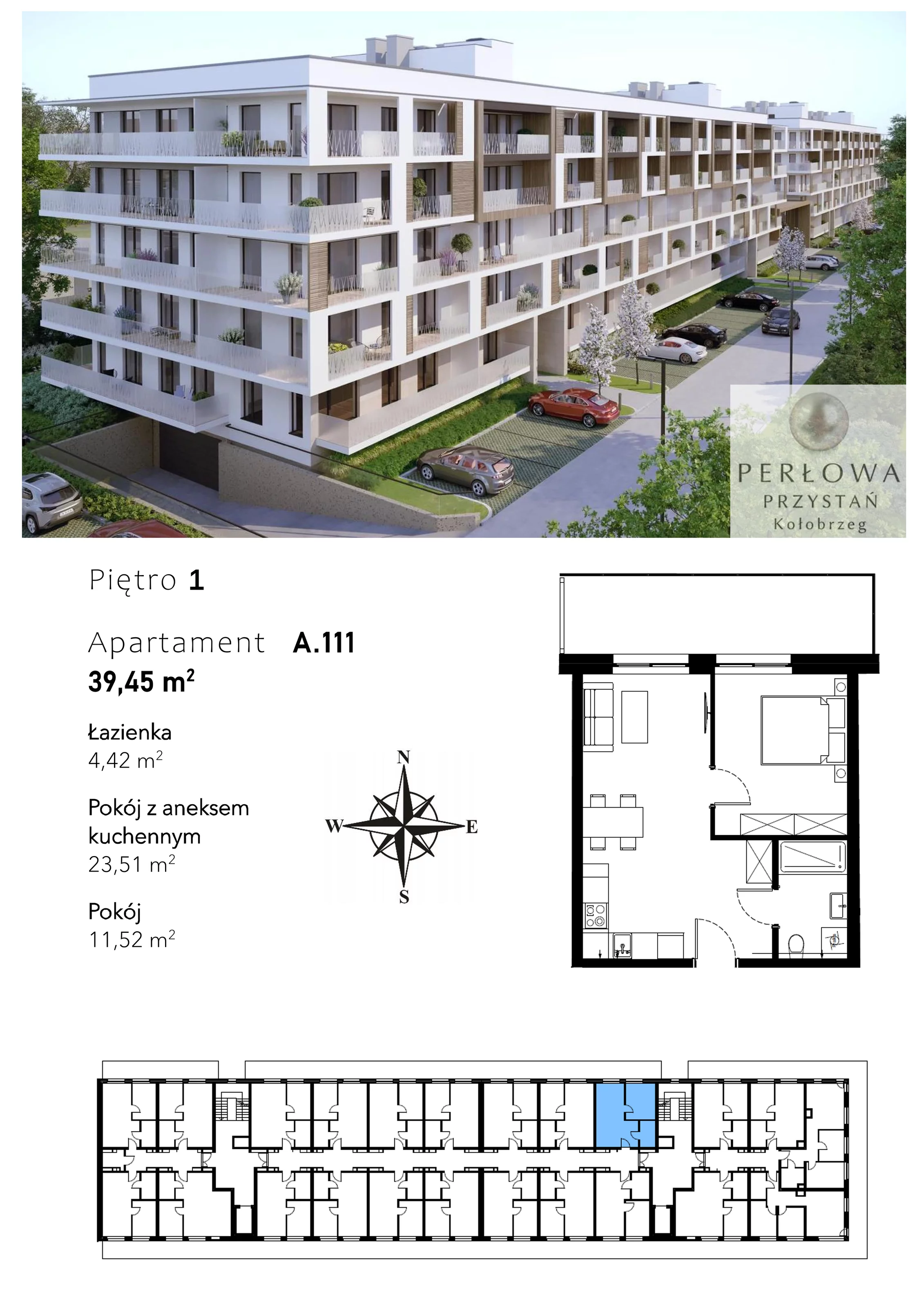 2 pokoje, mieszkanie 39,45 m², piętro 1, oferta nr A.111, Perłowa Przystań Kołobrzeg Etap 2, Kołobrzeg, Osiedle Nr 7 Ogrody, Strefa Uzdrowiska, ul. Kołłątaja
