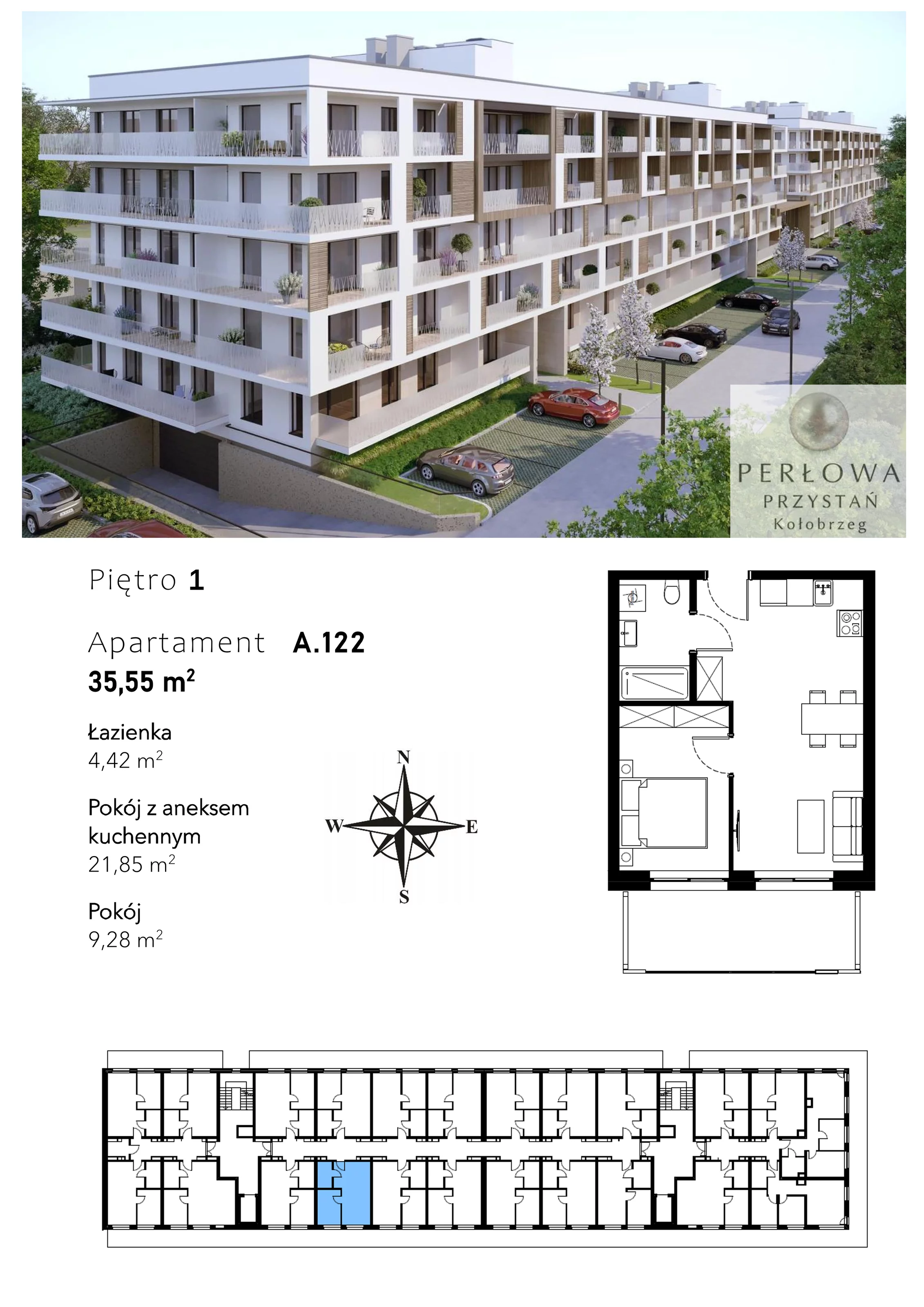 Apartament 35,55 m², piętro 1, oferta nr A.122, Perłowa Przystań Kołobrzeg Etap 2, Kołobrzeg, Osiedle Nr 7 Ogrody, Strefa Uzdrowiska, ul. Kołłątaja