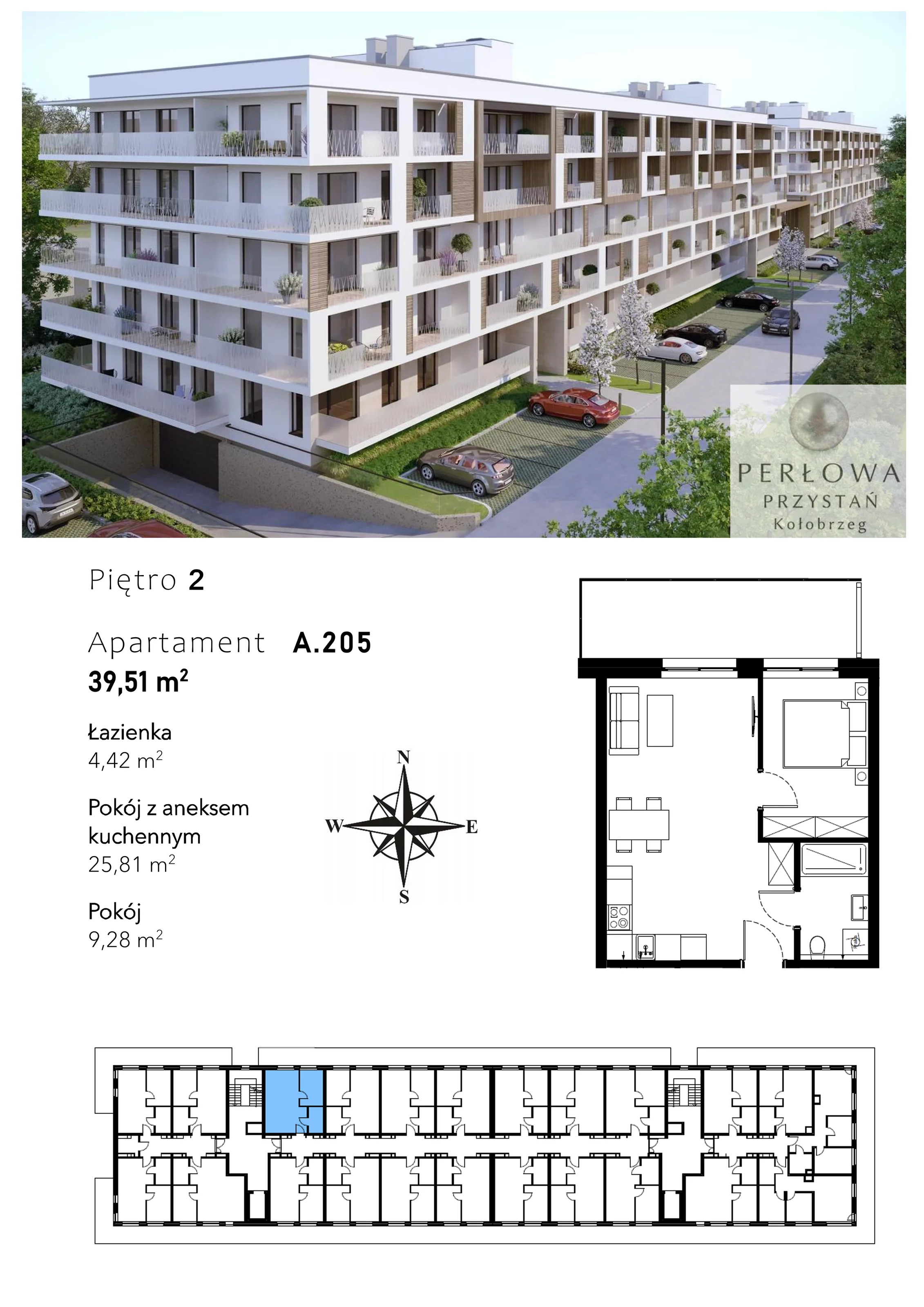 2 pokoje, mieszkanie 39,51 m², piętro 2, oferta nr A.205, Perłowa Przystań Kołobrzeg Etap 2, Kołobrzeg, Osiedle Nr 7 Ogrody, Strefa Uzdrowiska, ul. Kołłątaja