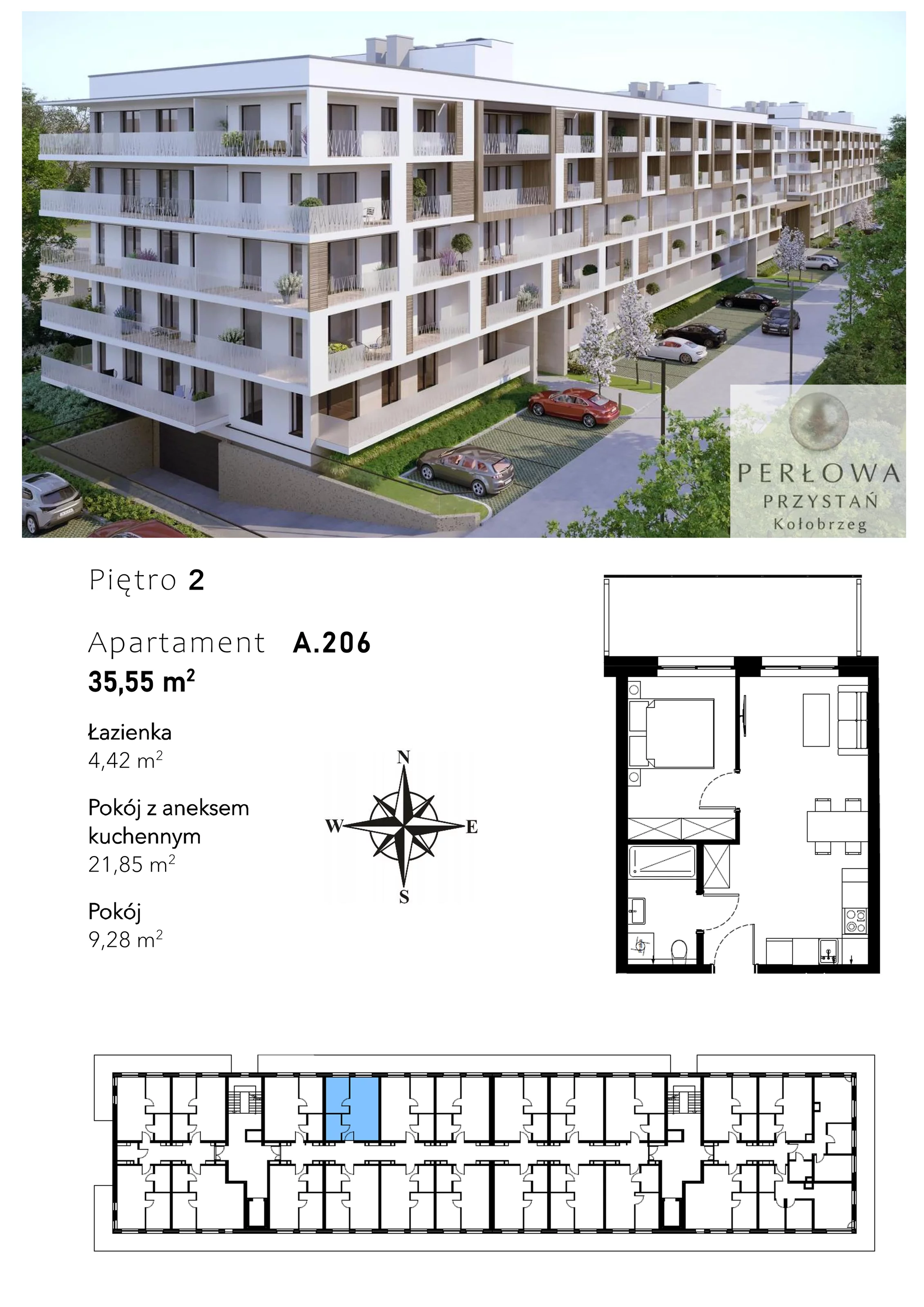 2 pokoje, mieszkanie 35,55 m², piętro 2, oferta nr A.206, Perłowa Przystań Kołobrzeg Etap 2, Kołobrzeg, Osiedle Nr 7 Ogrody, Strefa Uzdrowiska, ul. Kołłątaja