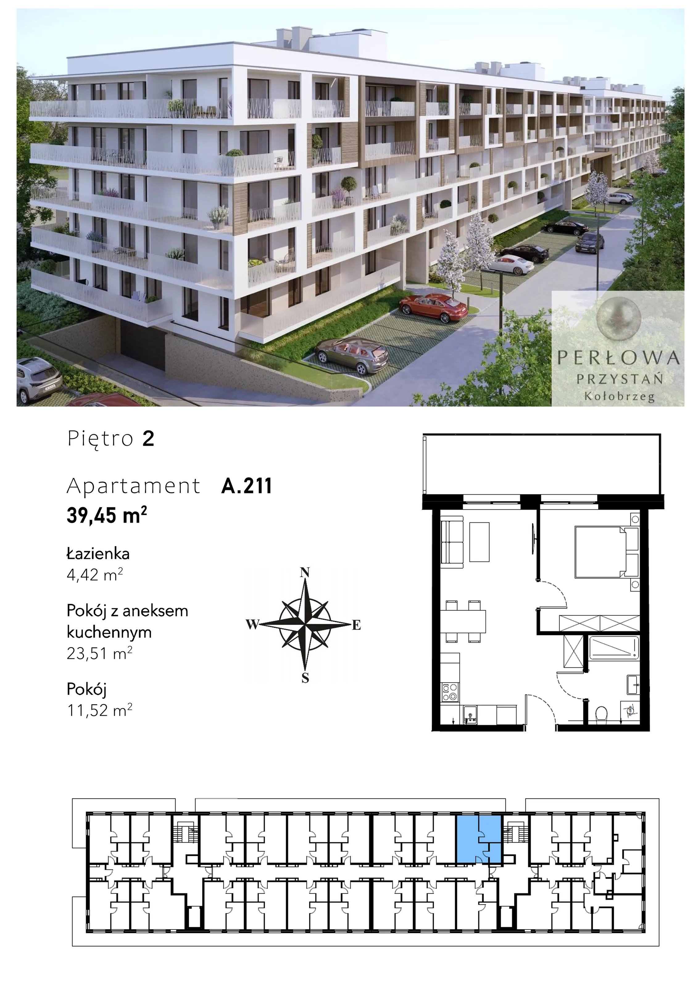 2 pokoje, mieszkanie 39,45 m², piętro 2, oferta nr A.211, Perłowa Przystań Kołobrzeg Etap 2, Kołobrzeg, Osiedle Nr 7 Ogrody, Strefa Uzdrowiska, ul. Kołłątaja