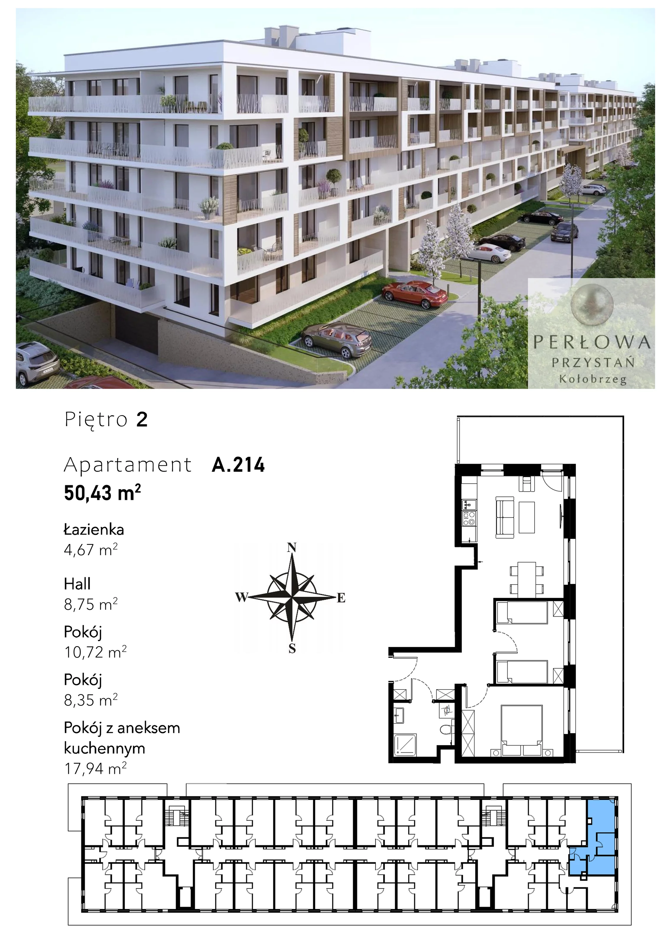 3 pokoje, mieszkanie 50,43 m², piętro 2, oferta nr A.214, Perłowa Przystań Kołobrzeg Etap 2, Kołobrzeg, Osiedle Nr 7 Ogrody, Strefa Uzdrowiska, ul. Kołłątaja