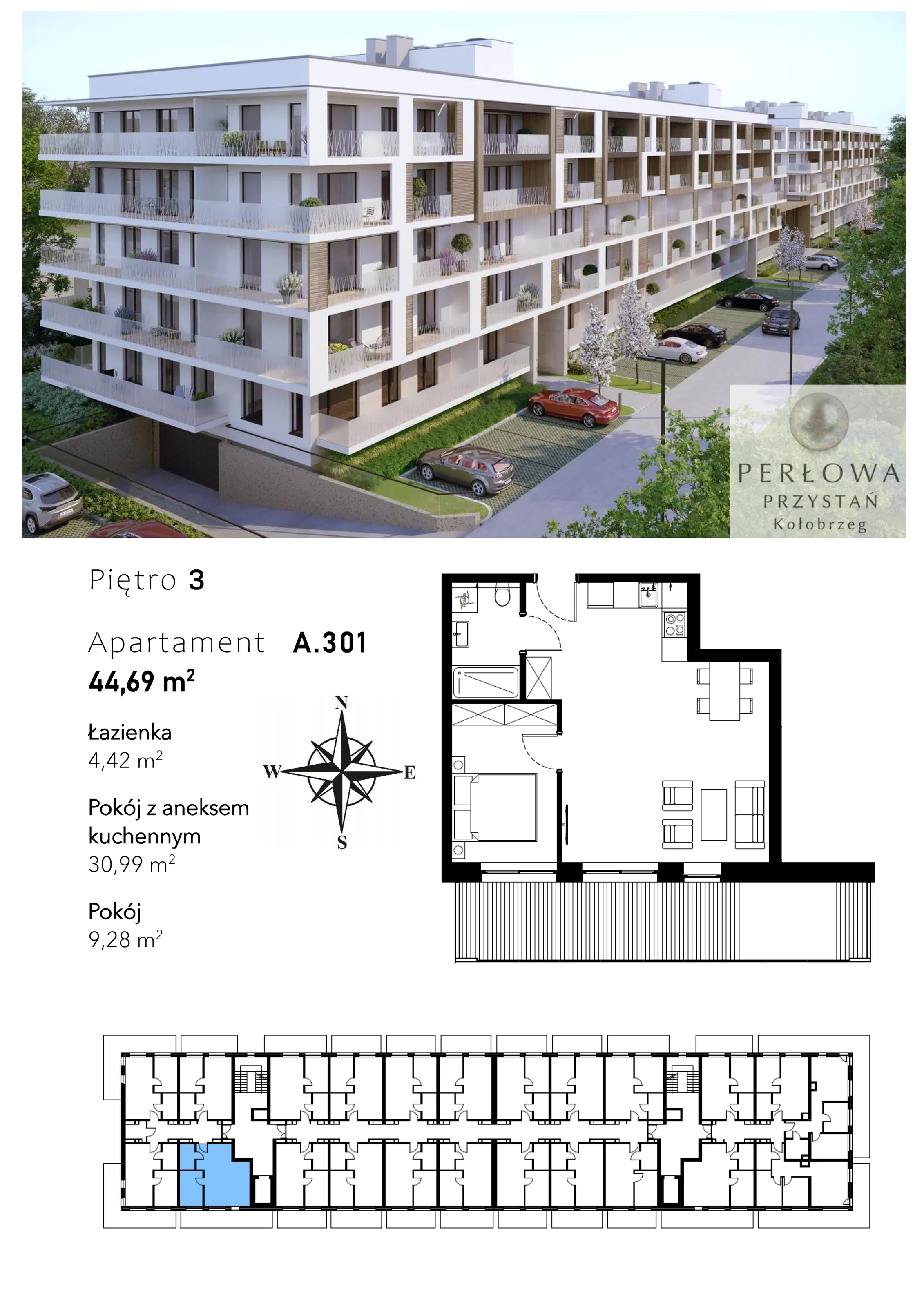 2 pokoje, apartament 44,69 m², piętro 3, oferta nr A.301, Perłowa Przystań Kołobrzeg Etap 2, Kołobrzeg, Osiedle Nr 7 Ogrody, Strefa Uzdrowiska, ul. Kołłątaja