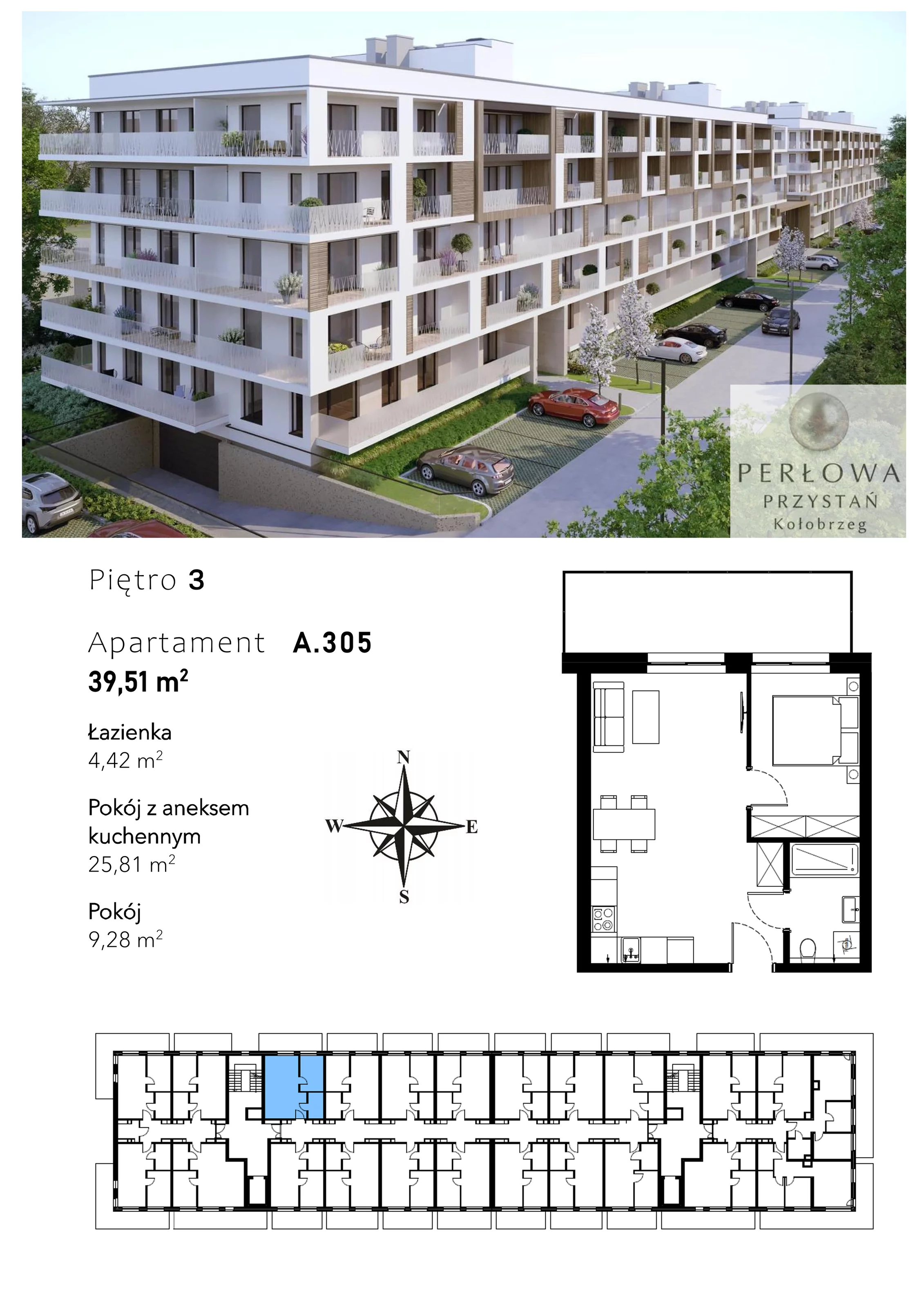2 pokoje, mieszkanie 39,51 m², piętro 3, oferta nr A.305, Perłowa Przystań Kołobrzeg Etap 2, Kołobrzeg, Osiedle Nr 7 Ogrody, Strefa Uzdrowiska, ul. Kołłątaja