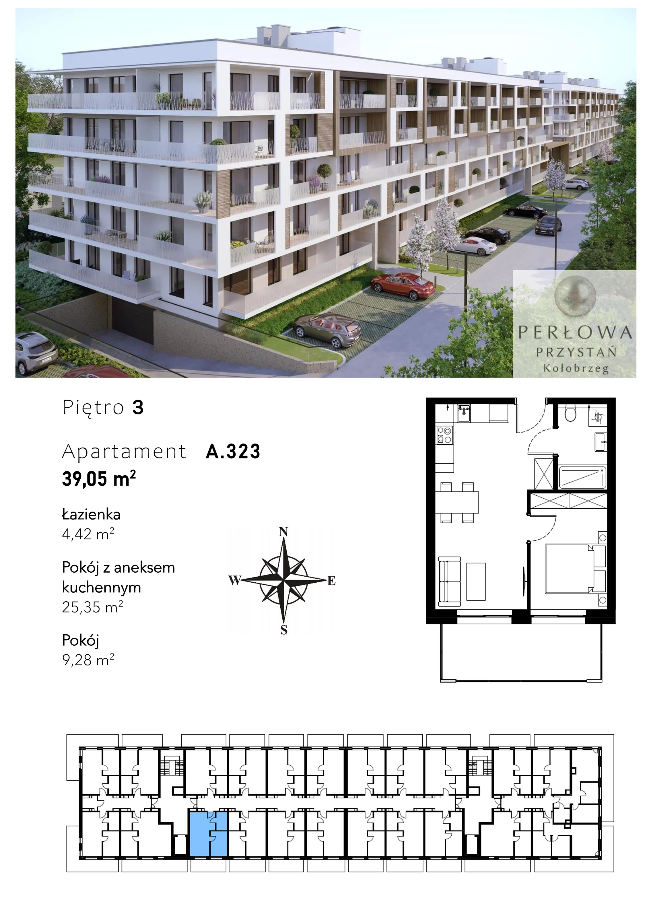 2 pokoje, mieszkanie 39,05 m², piętro 3, oferta nr A.323, Perłowa Przystań Kołobrzeg Etap 2, Kołobrzeg, Osiedle Nr 7 Ogrody, Strefa Uzdrowiska, ul. Kołłątaja