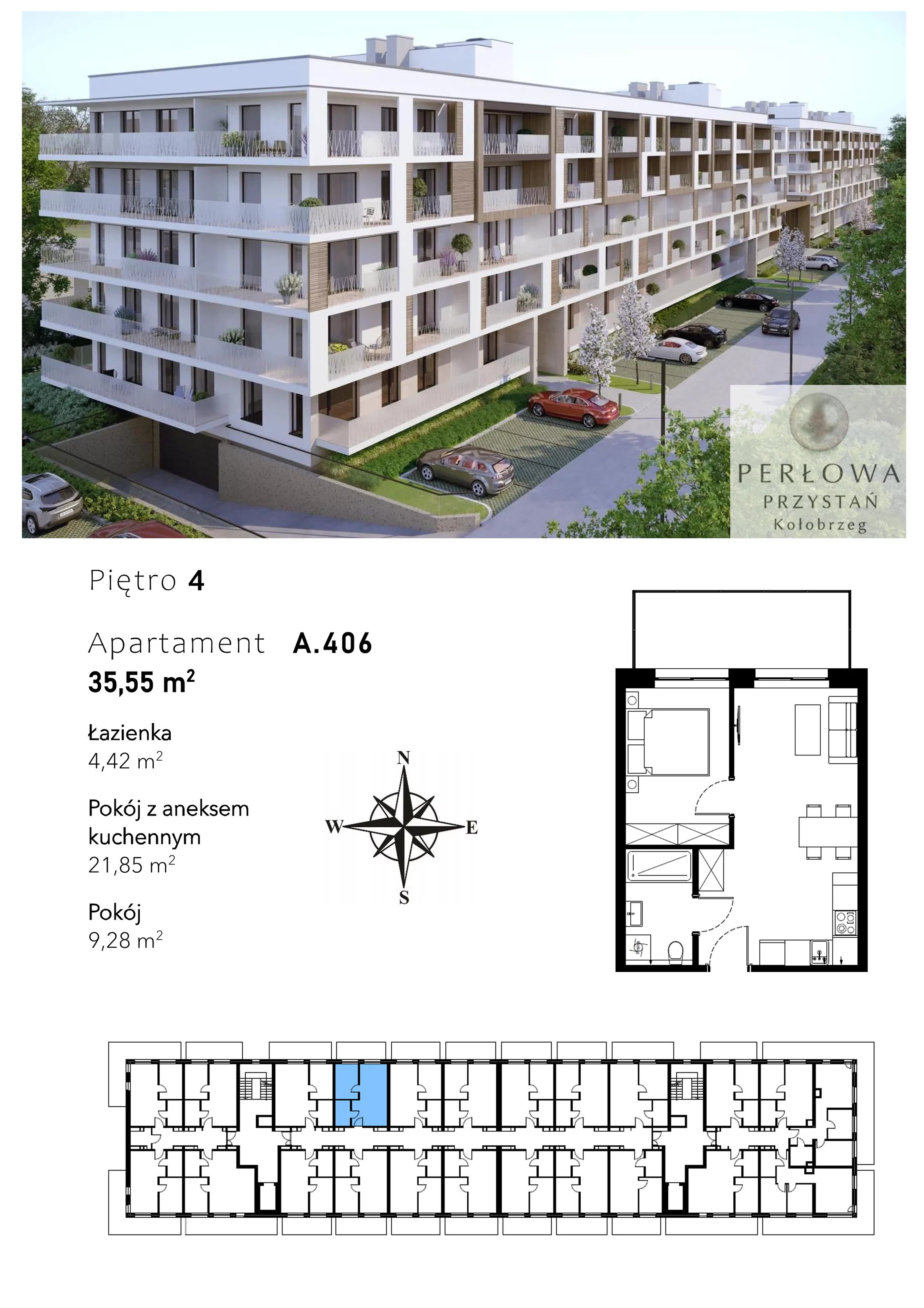 2 pokoje, mieszkanie 53,01 m², piętro 4, oferta nr A.406, Perłowa Przystań Kołobrzeg Etap 2, Kołobrzeg, Osiedle Nr 7 Ogrody, Strefa Uzdrowiska, ul. Kołłątaja