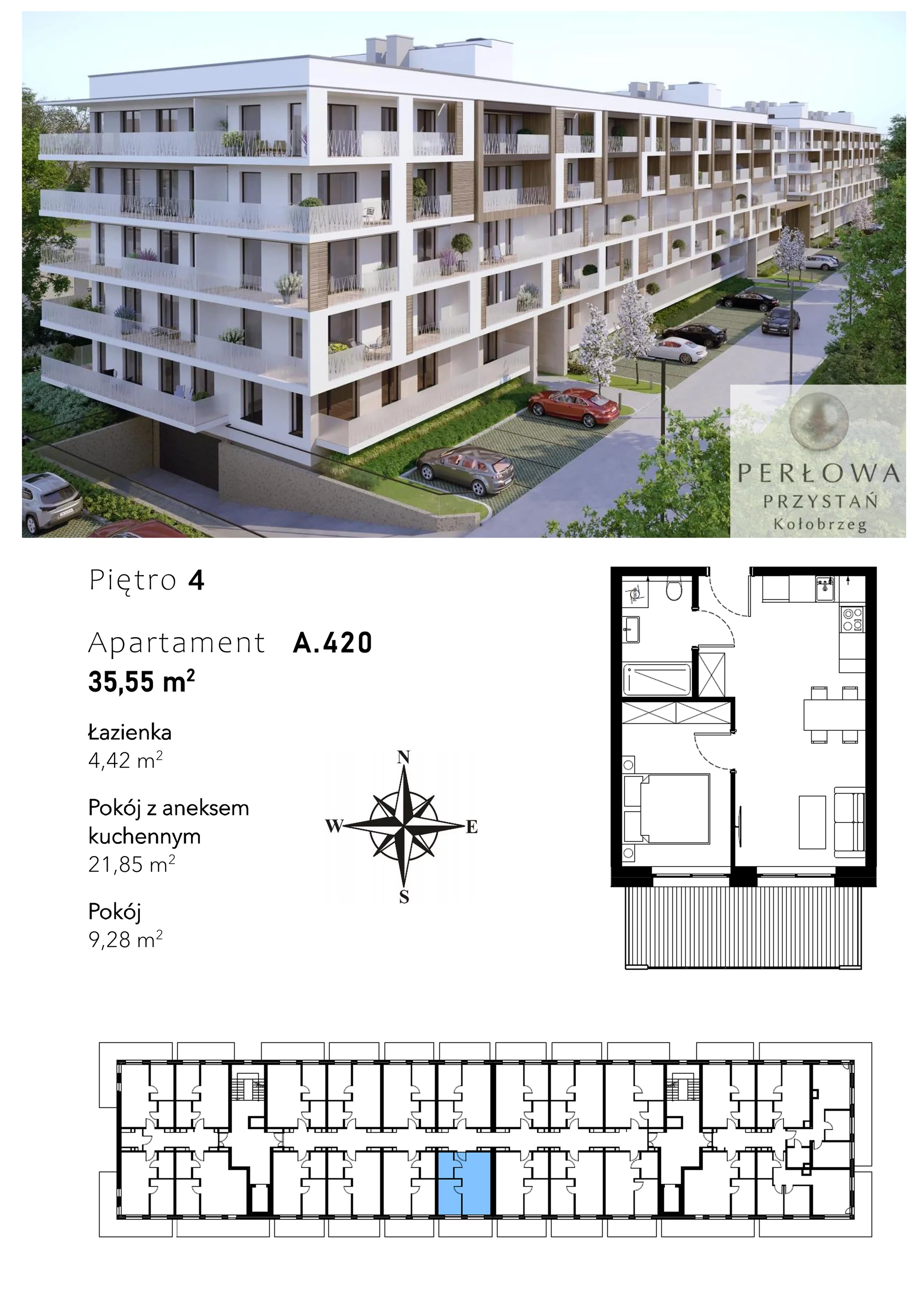 Mieszkanie 35,55 m², piętro 4, oferta nr A.420, Perłowa Przystań Kołobrzeg Etap 2, Kołobrzeg, Osiedle Nr 7 Ogrody, Strefa Uzdrowiska, ul. Kołłątaja