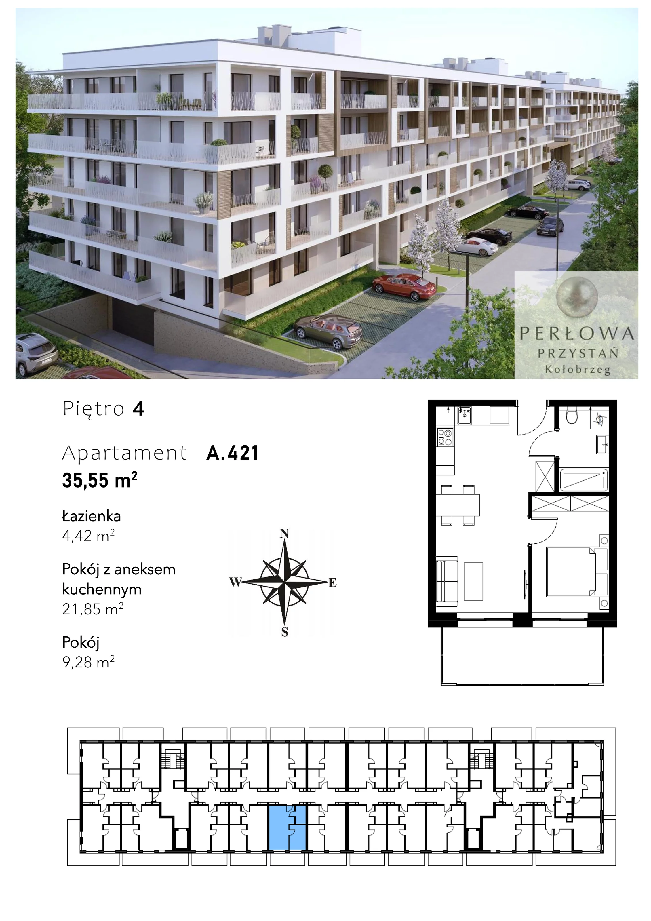 Mieszkanie 35,55 m², piętro 4, oferta nr A.421, Perłowa Przystań Kołobrzeg Etap 2, Kołobrzeg, Osiedle Nr 7 Ogrody, Strefa Uzdrowiska, ul. Kołłątaja