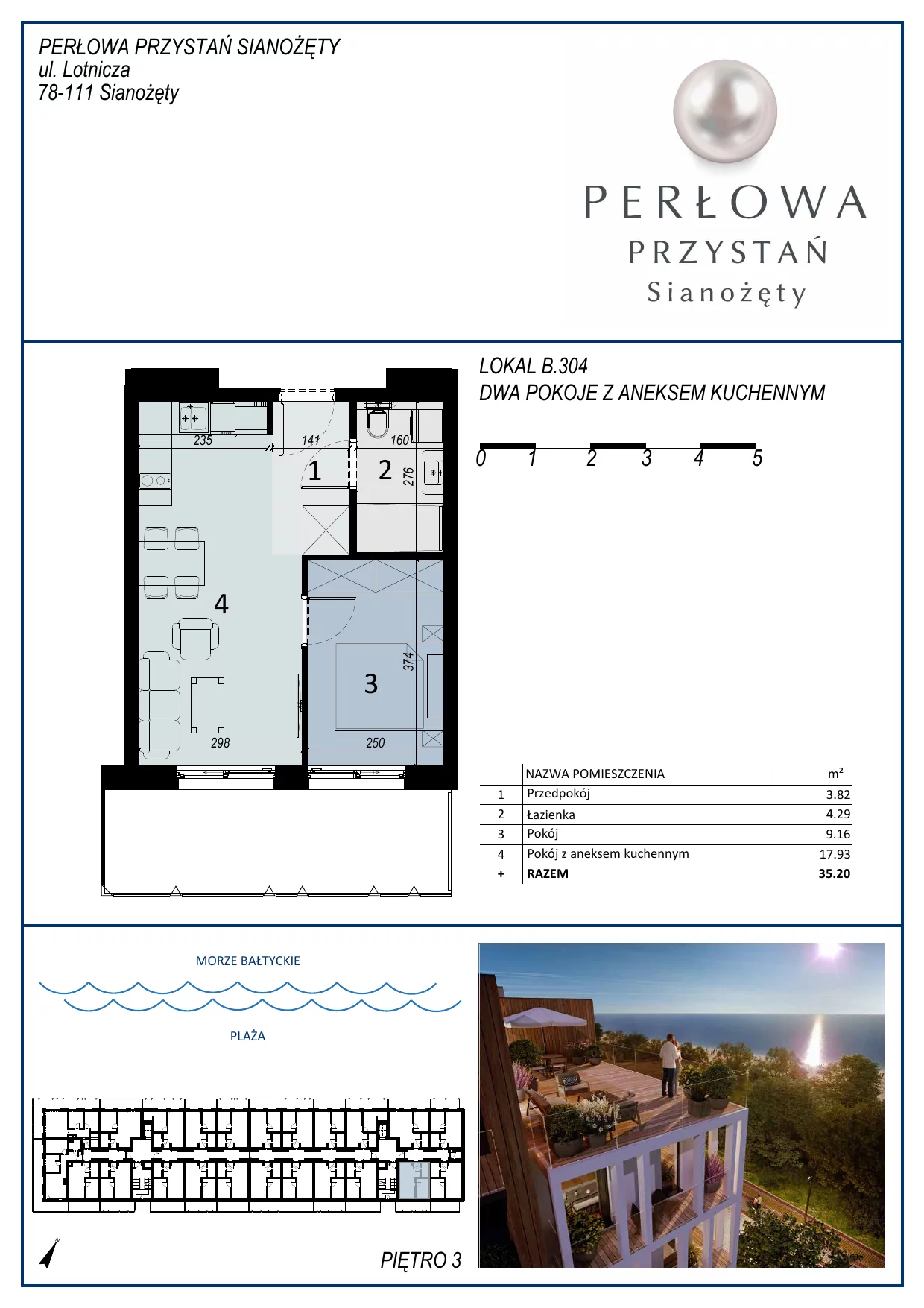 Apartament 35,20 m², piętro 3, oferta nr B.304, Perłowa Przystań, Sianożęty, ul. Sztormowa