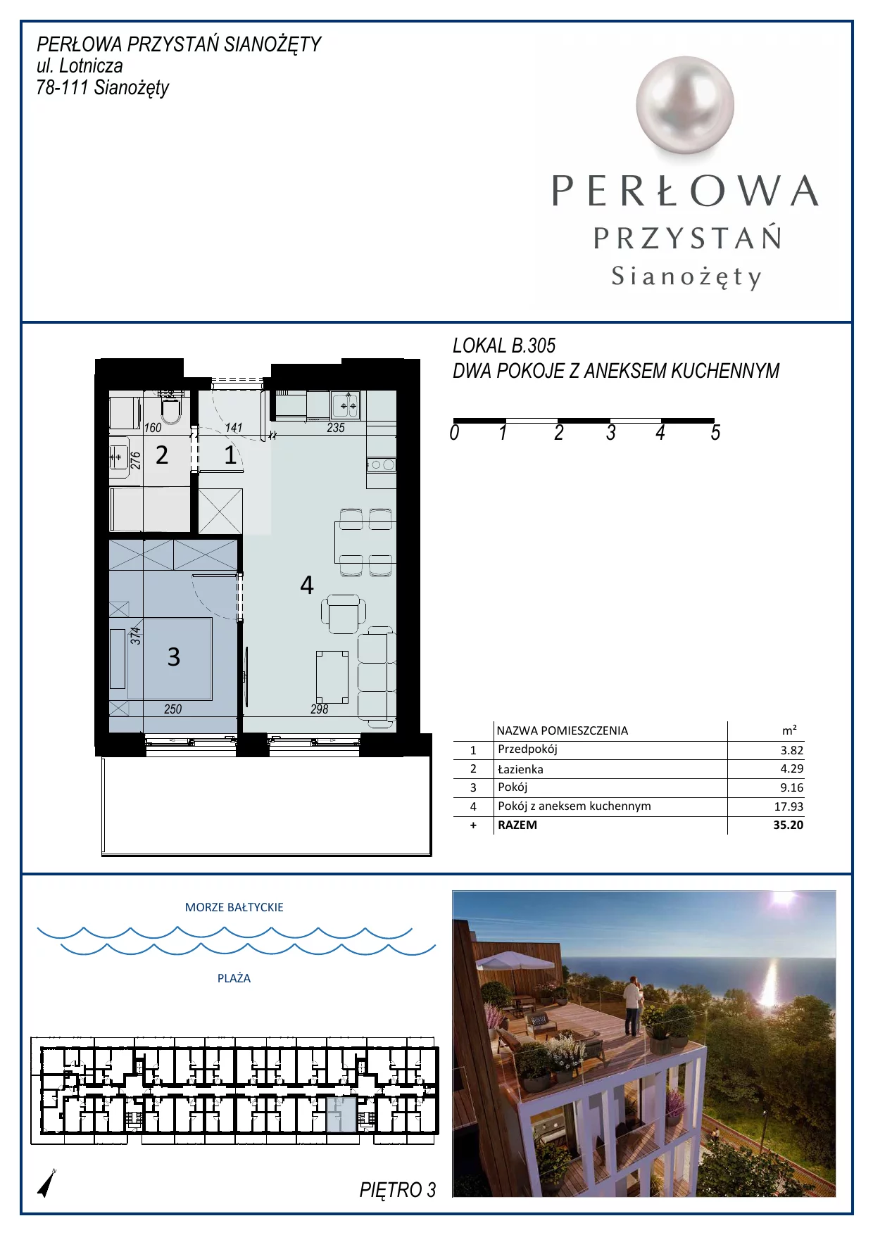 Apartament 35,20 m², piętro 3, oferta nr B.305, Perłowa Przystań, Sianożęty, ul. Sztormowa