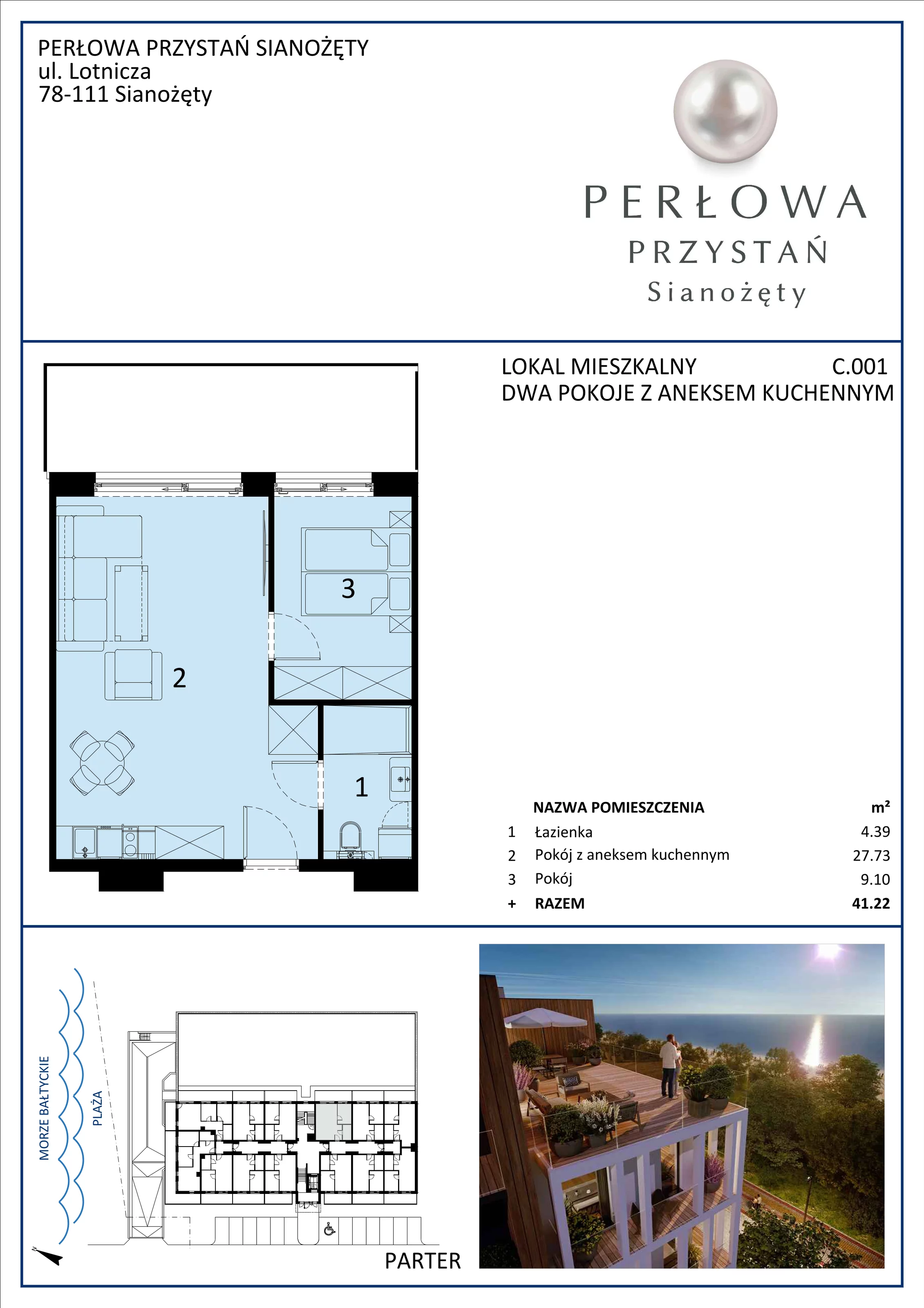 2 pokoje, apartament 41,22 m², parter, oferta nr C.001, Perłowa Przystań Sianożęty etap III, Sianożęty, ul. Sztormowa