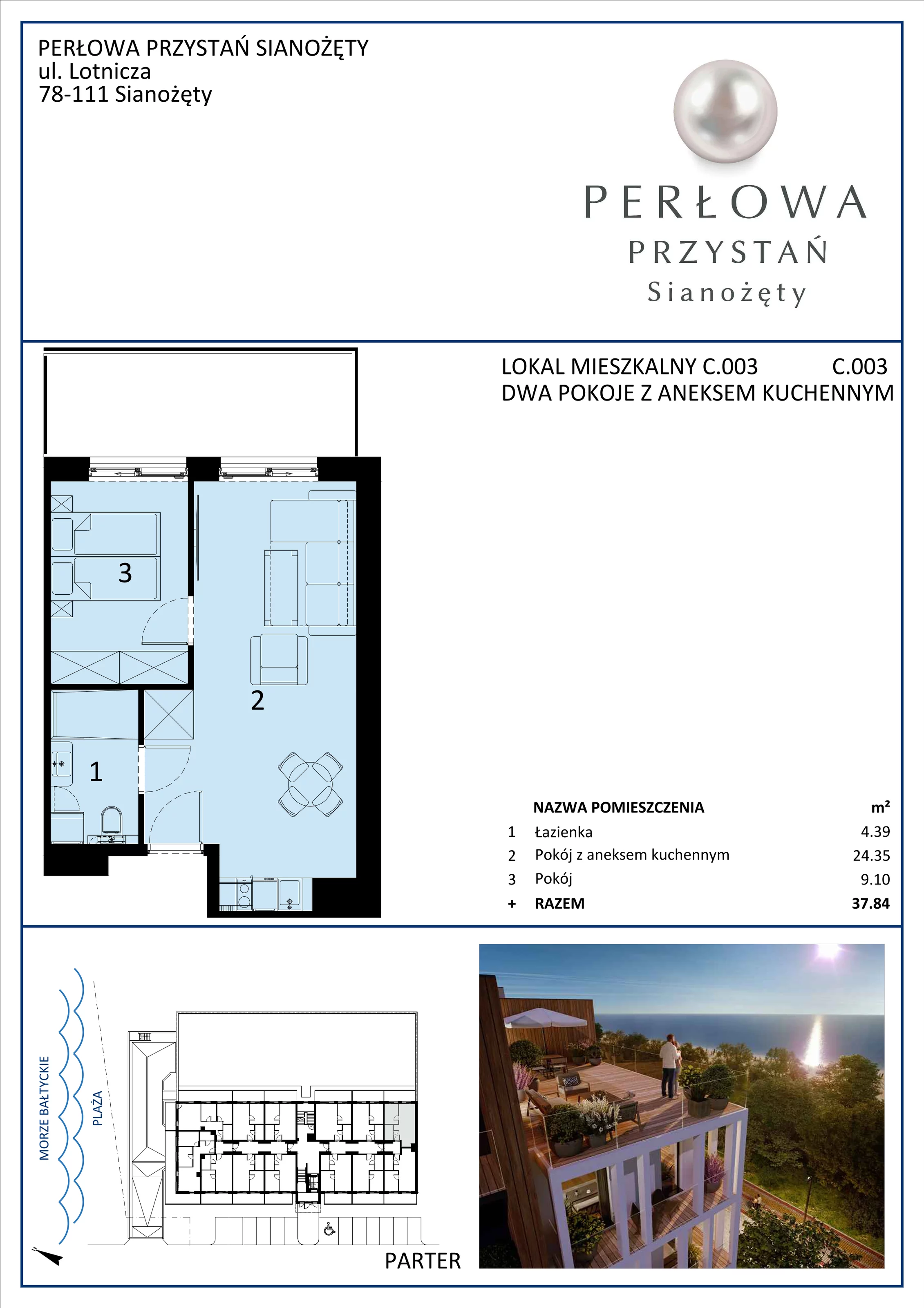 2 pokoje, apartament 37,84 m², parter, oferta nr C.003, Perłowa Przystań Sianożęty etap III, Sianożęty, ul. Sztormowa