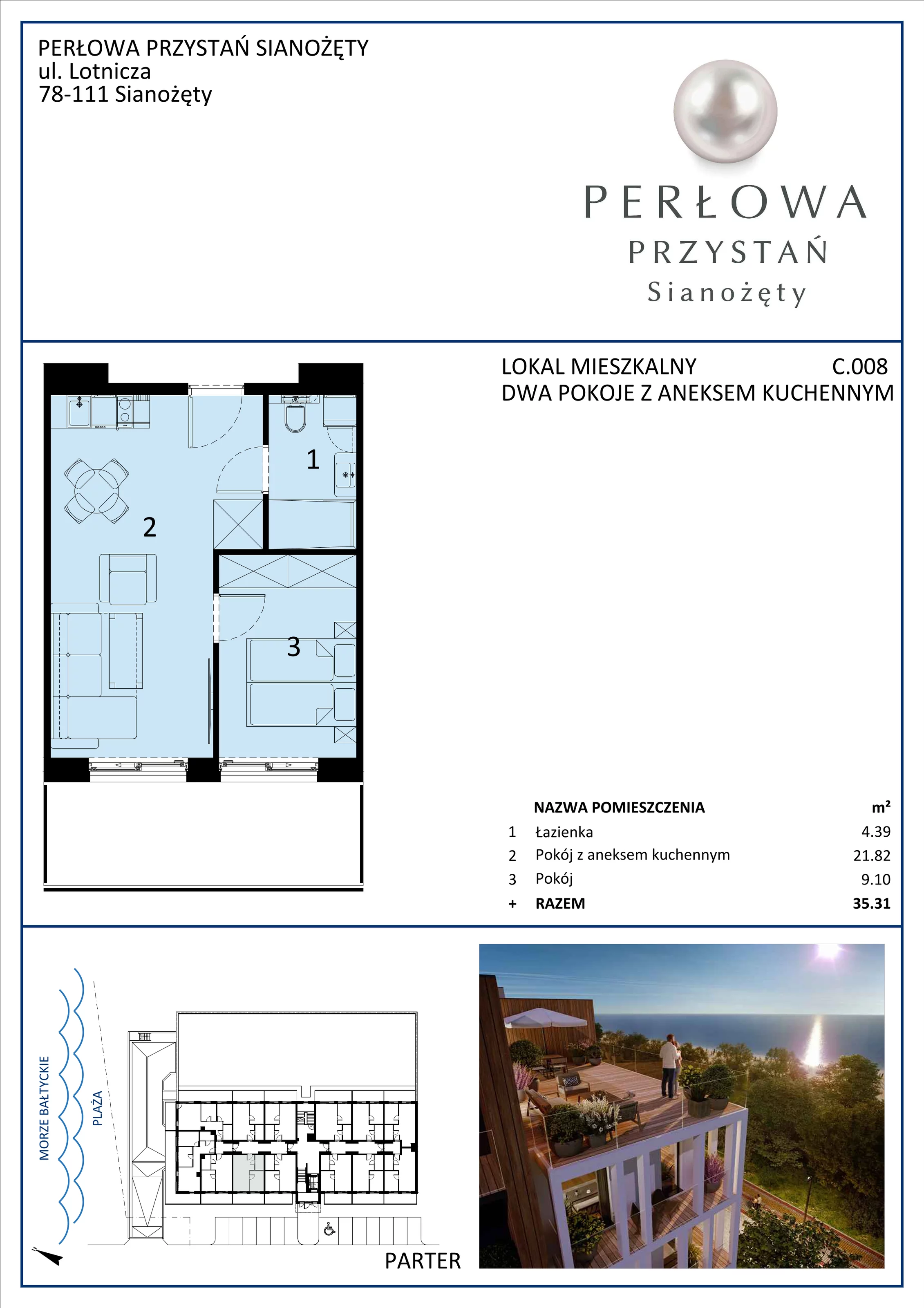 2 pokoje, apartament 35,31 m², parter, oferta nr C.008, Perłowa Przystań Sianożęty etap III, Sianożęty, ul. Sztormowa