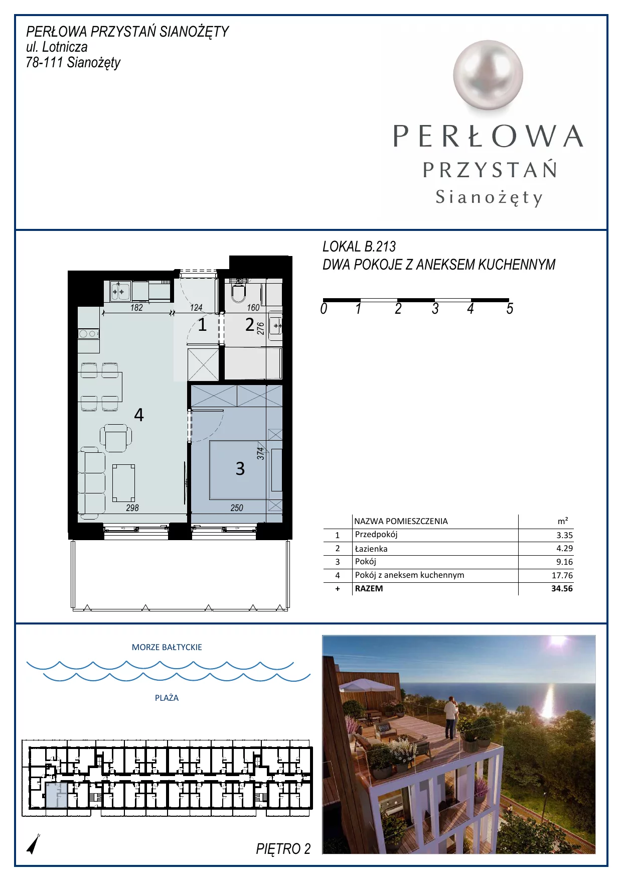 Apartament 34,56 m², piętro 2, oferta nr B.213, Perłowa Przystań, Sianożęty, ul. Sztormowa