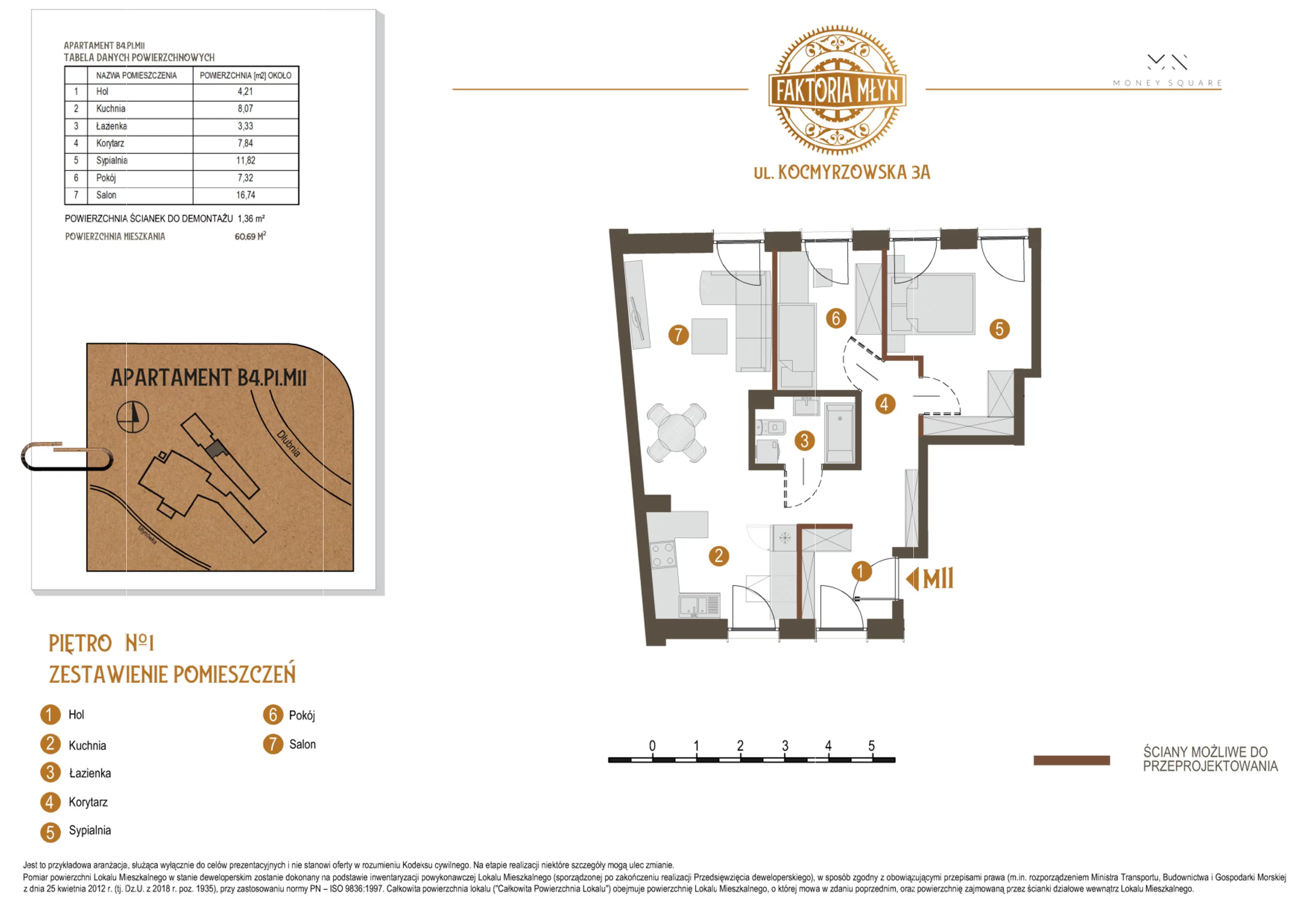 3 pokoje, mieszkanie 60,69 m², piętro 1, oferta nr B4.P1.M11, Faktoria Młyn, Kraków, Bieńczyce, ul. Kocmyrzowska 3A