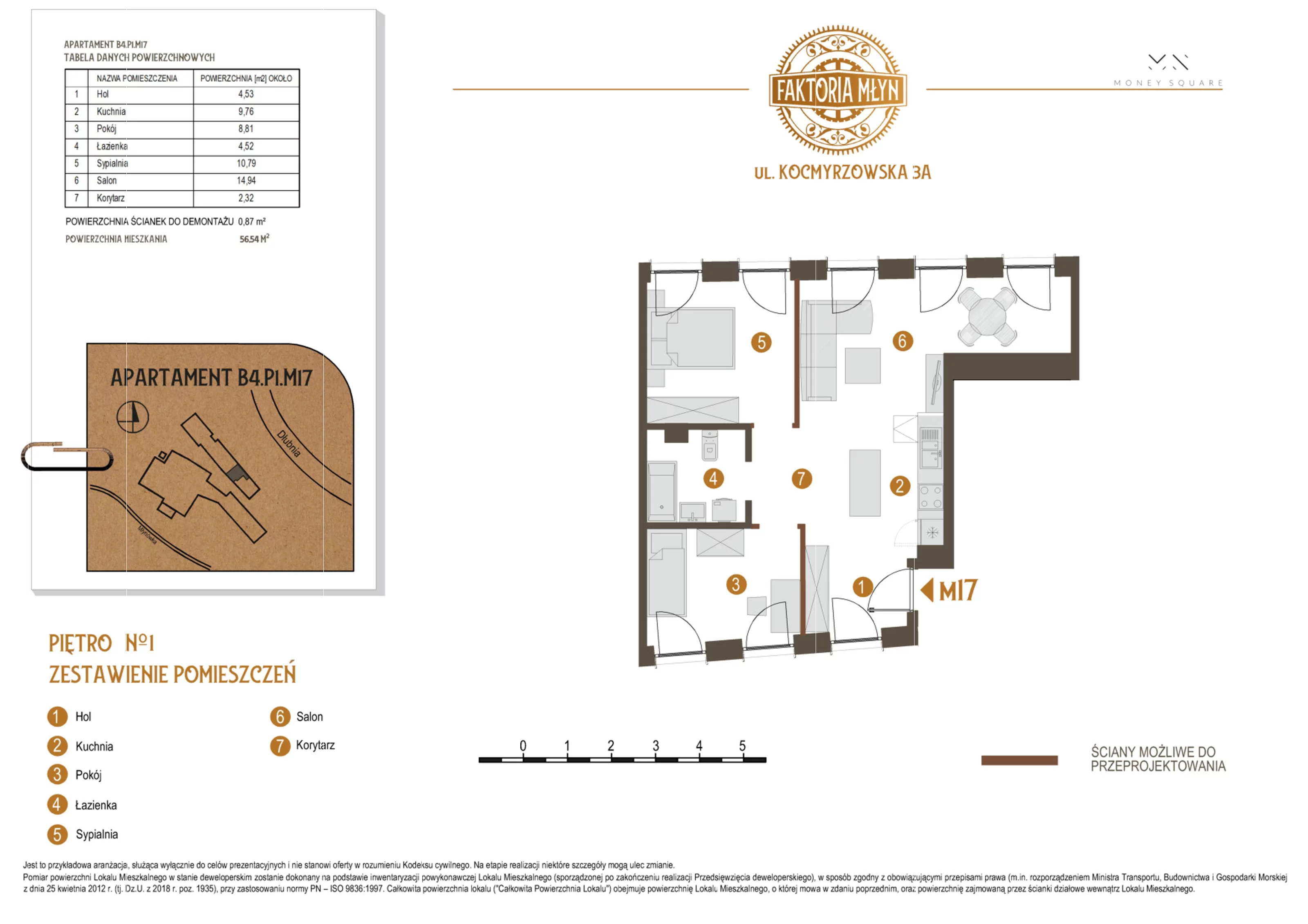 3 pokoje, mieszkanie 56,54 m², piętro 1, oferta nr B4.P1.M17, Faktoria Młyn, Kraków, Bieńczyce, ul. Kocmyrzowska 3A