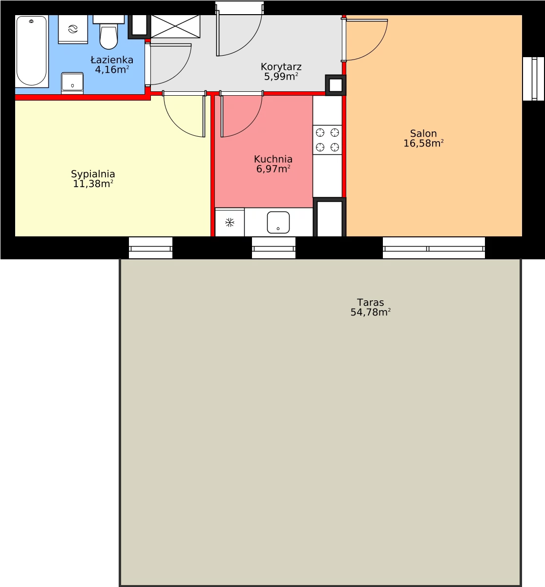 2 pokoje, mieszkanie 45,14 m², piętro 1, oferta nr D2/P1/6, Osiedle Jodłowa etap II, Oława, ul. Jodłowa